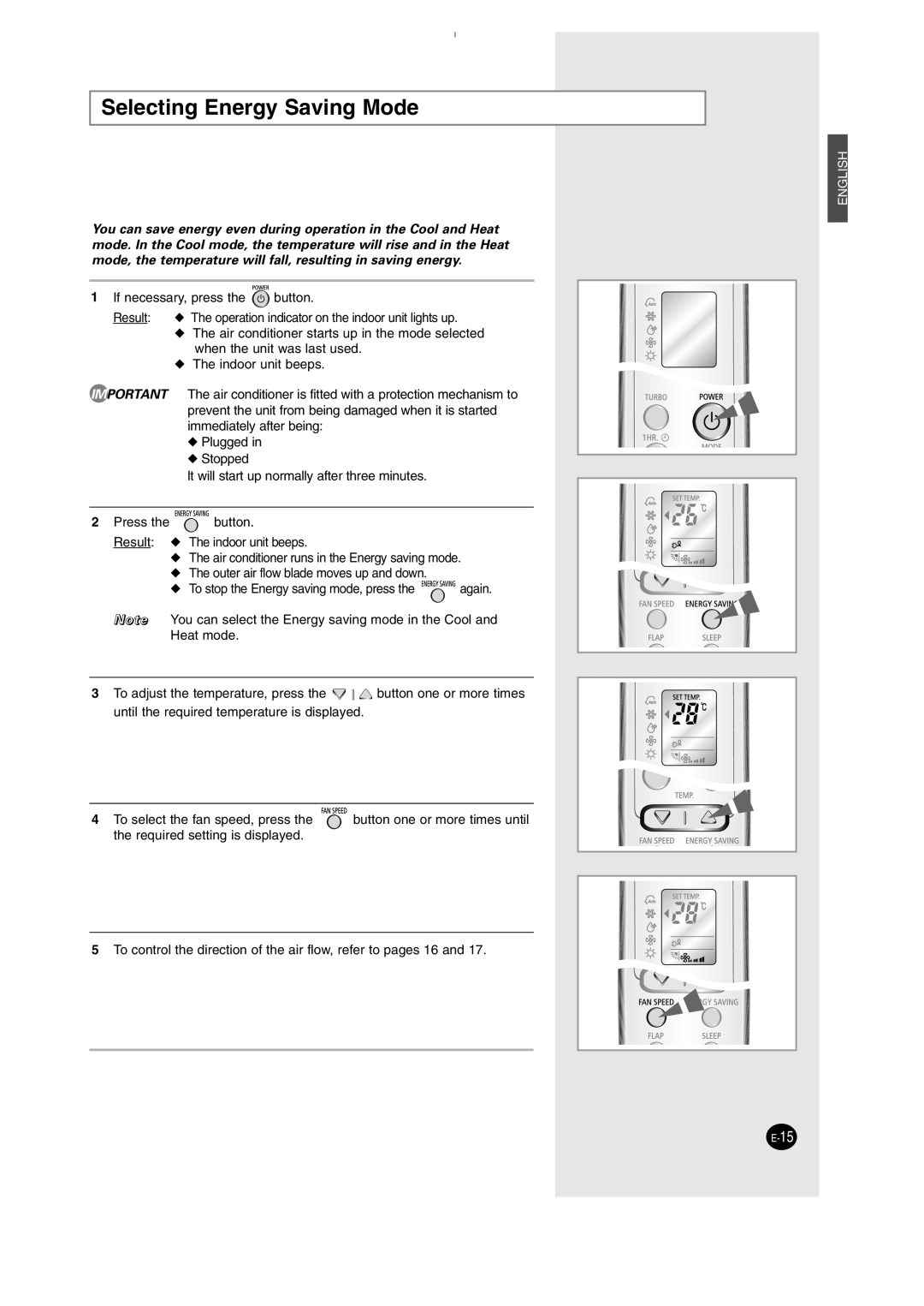 Samsung SH12AWHD manual Selecting Energy Saving Mode 