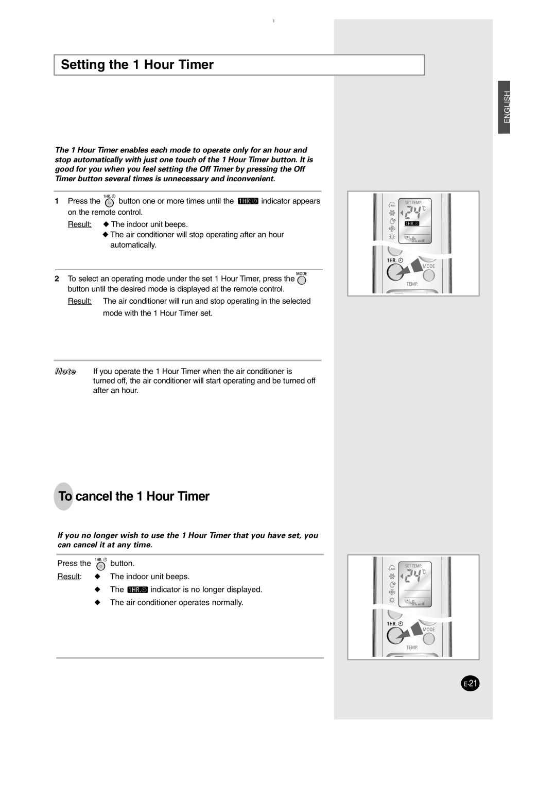 Samsung SH12AWHD manual Setting the 1 Hour Timer, To cancel the 1 Hour Timer 