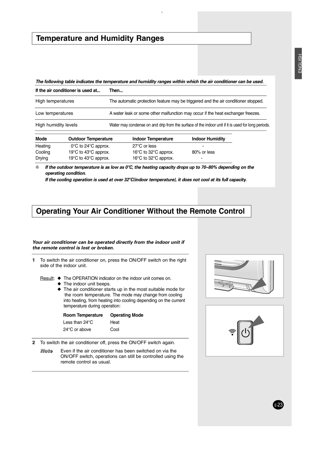 Samsung SH12AWHD manual Temperature and Humidity Ranges, Operating Your Air Conditioner Without the Remote Control 