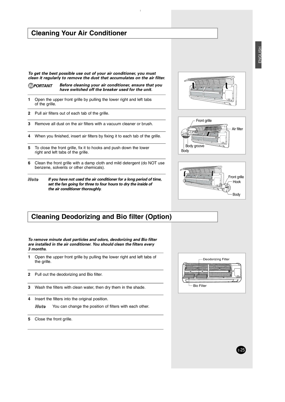 Samsung SH12AWHD manual Cleaning Your Air Conditioner, Cleaning Deodorizing and Bio filter Option 