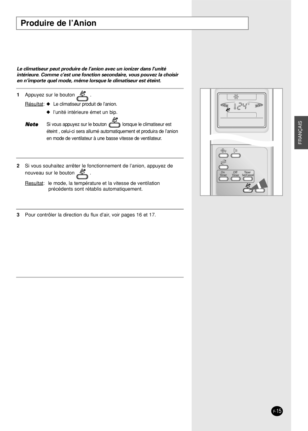 Samsung SH09BPH, SH12BPH manual Produire de l’Anion 