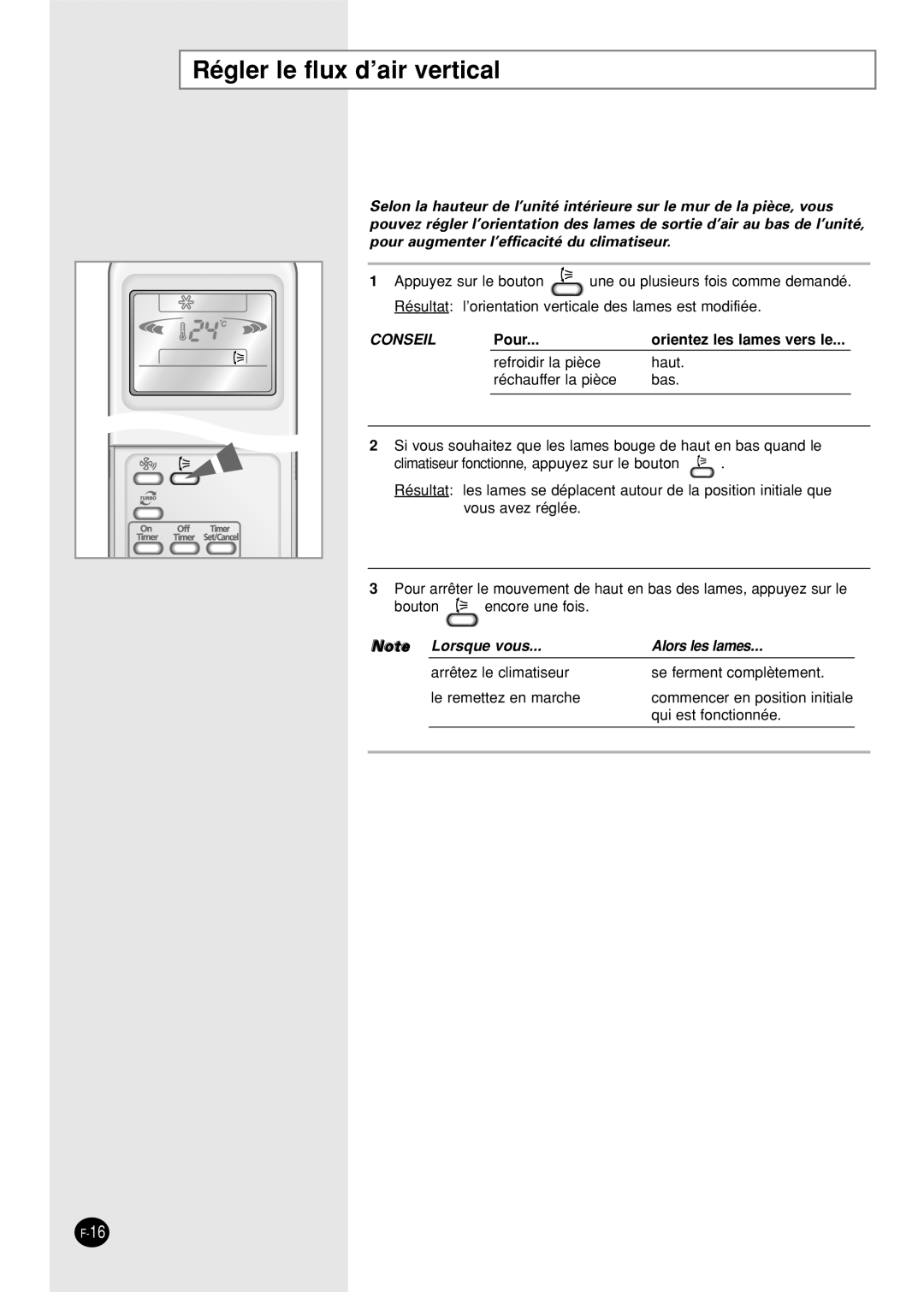 Samsung SH12BPH, SH09BPH manual Régler le flux d’air vertical, Conseil 