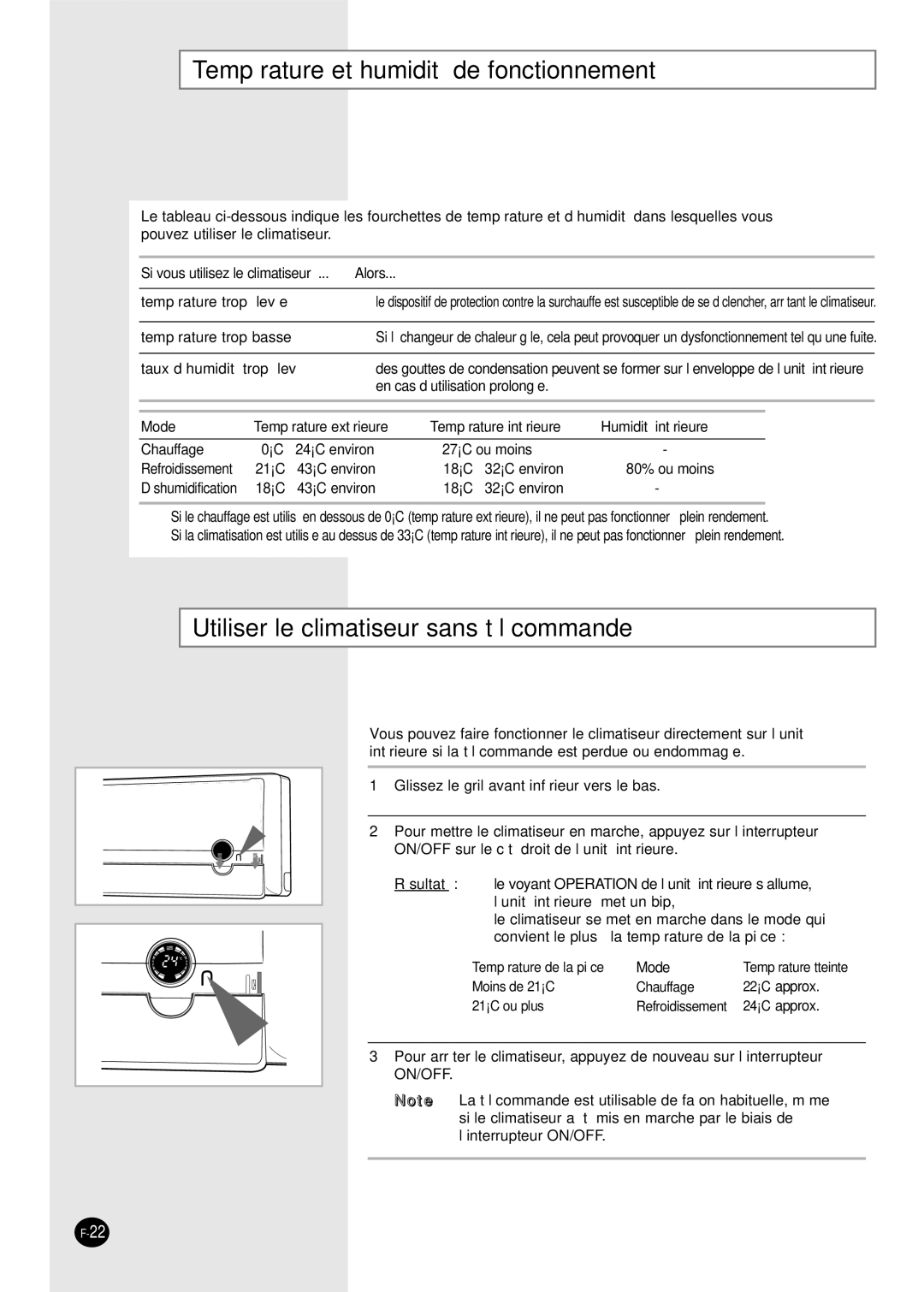 Samsung SH12BPH, SH09BPH manual Température et humidité de fonctionnement, Utiliser le climatiseur sans télécommande 