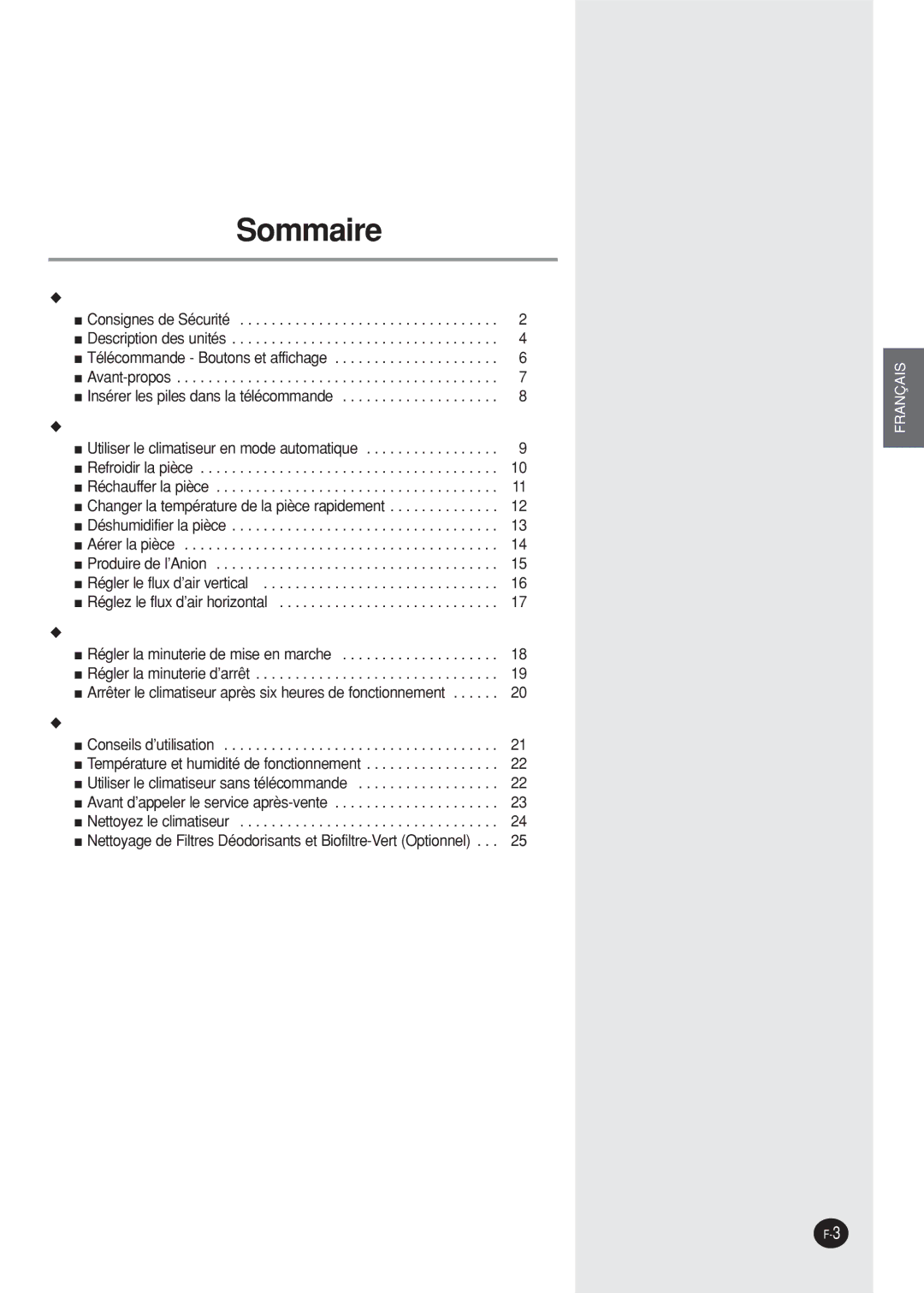 Samsung SH09BPH, SH12BPH manual Sommaire 