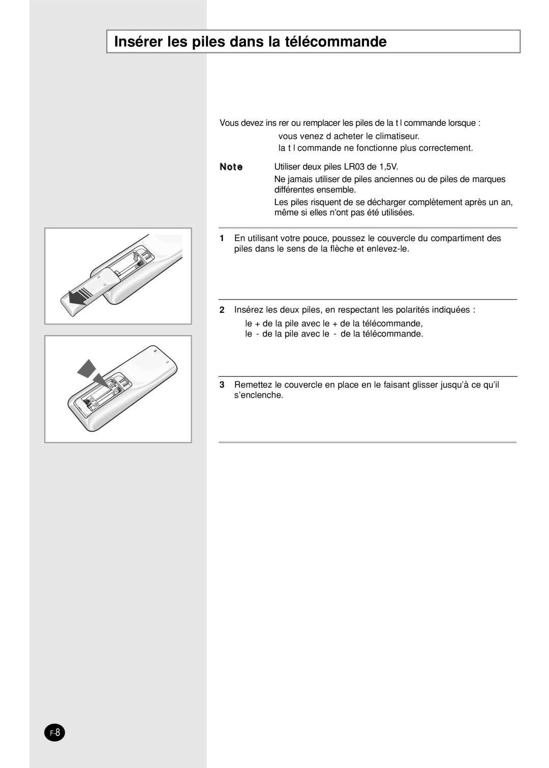 Samsung SH12BPH, SH09BPH manual Insérer les piles dans la télécommande 