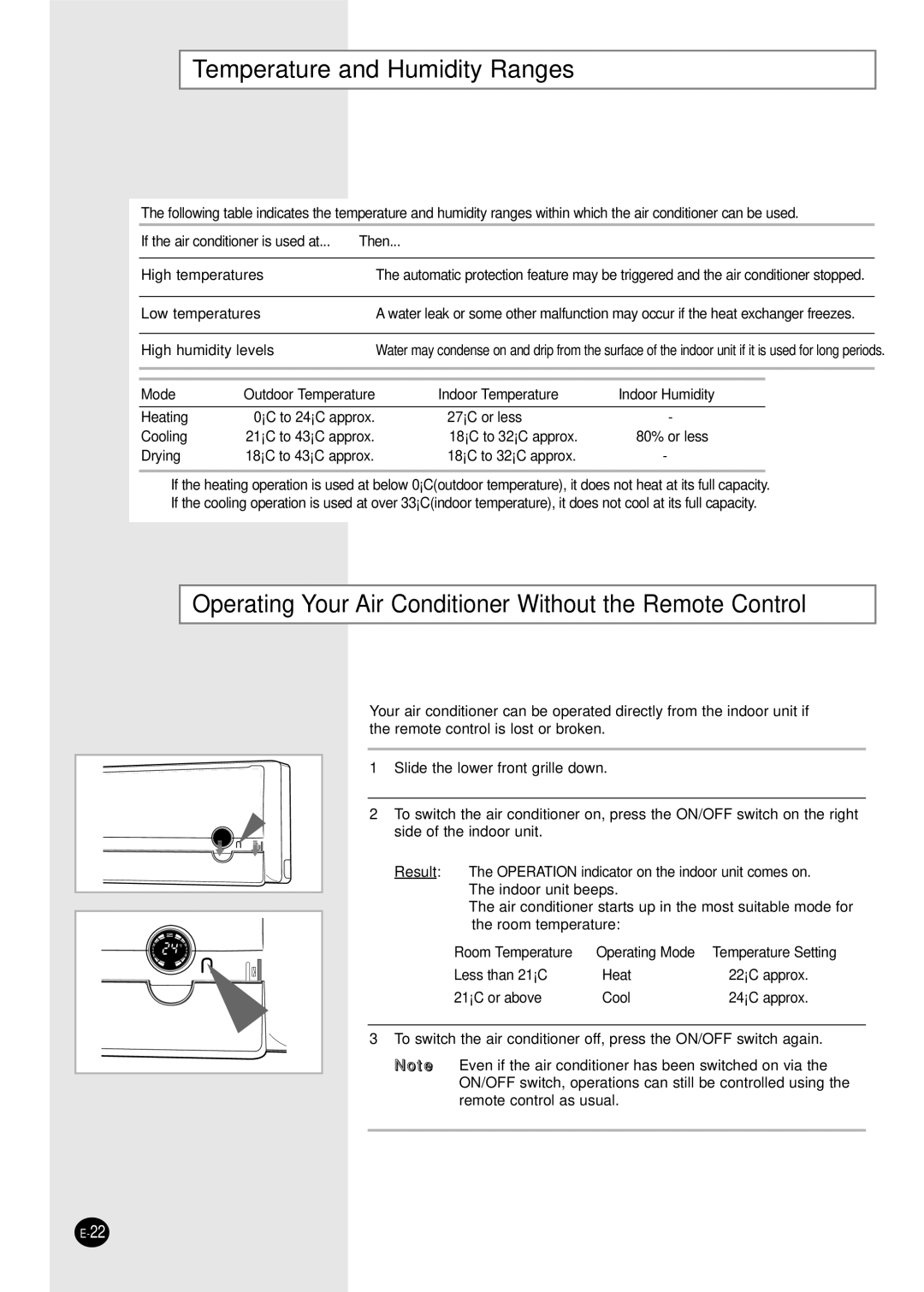 Samsung SH09BPH, SH12BPHX Temperature and Humidity Ranges, Operating Your Air Conditioner Without the Remote Control 