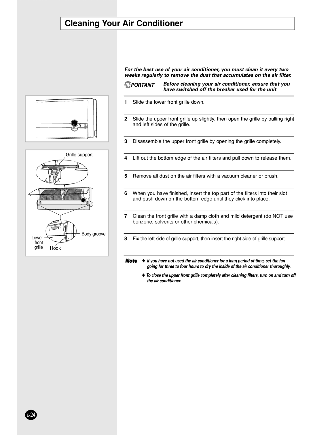 Samsung SH12BPHX, SH09BPHX manuel dutilisation Cleaning Your Air Conditioner 