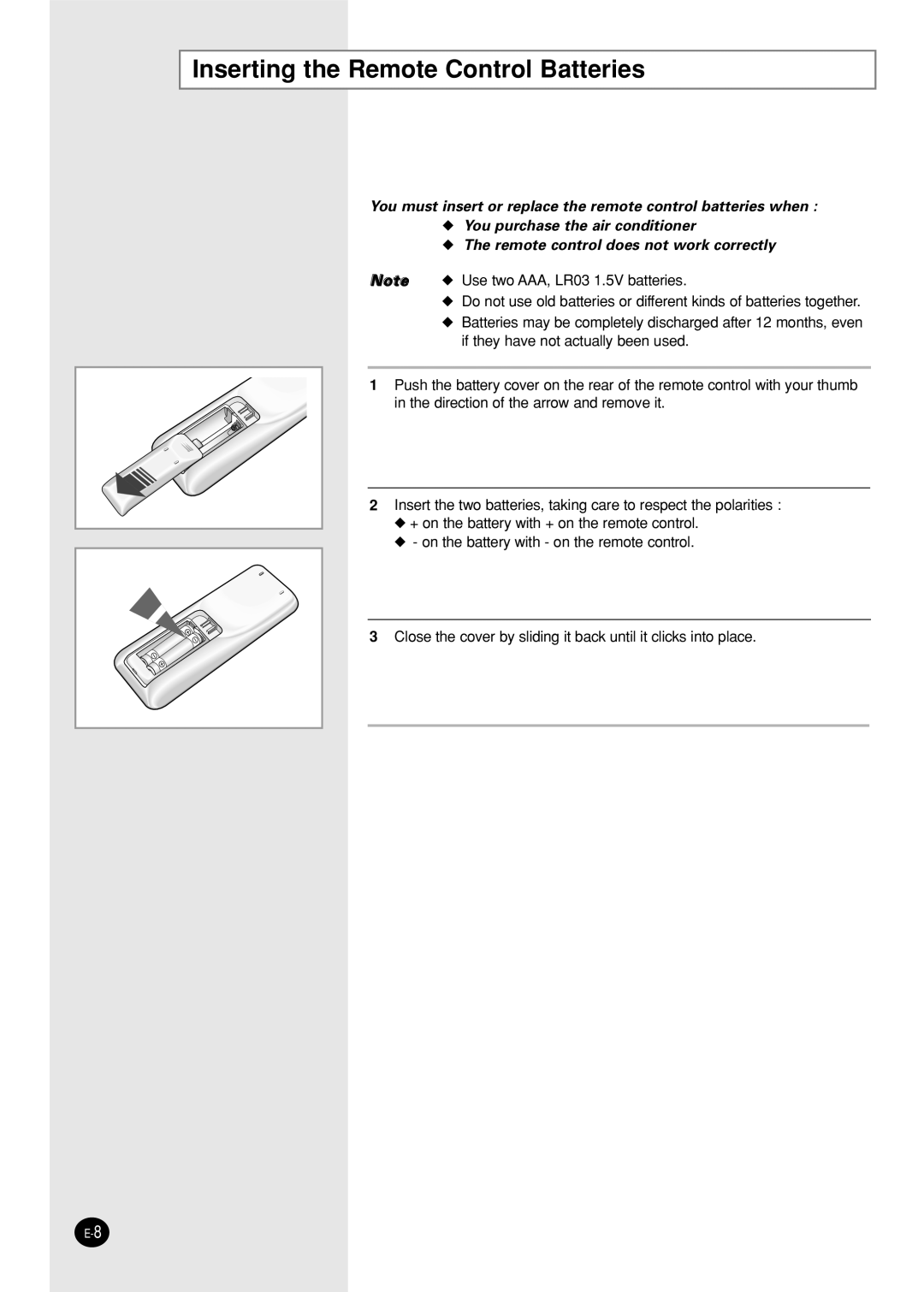 Samsung SH12BPHX, SH09BPHX manuel dutilisation Inserting the Remote Control Batteries 