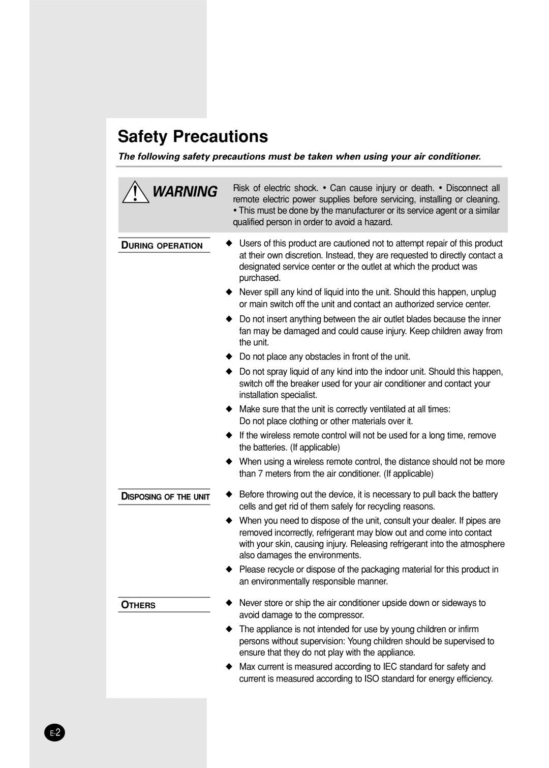 Samsung SH12BPHX, SH09BPHX manuel dutilisation Safety Precautions 