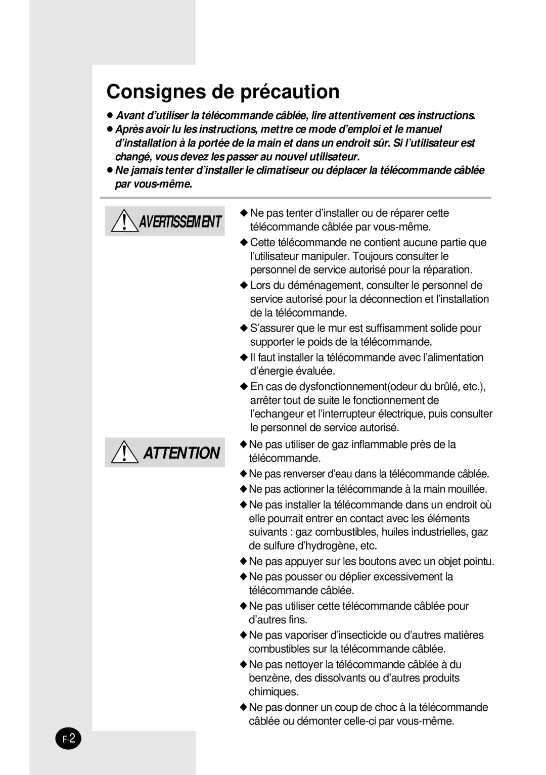 Samsung SH12BWH manual Consignes de précaution 