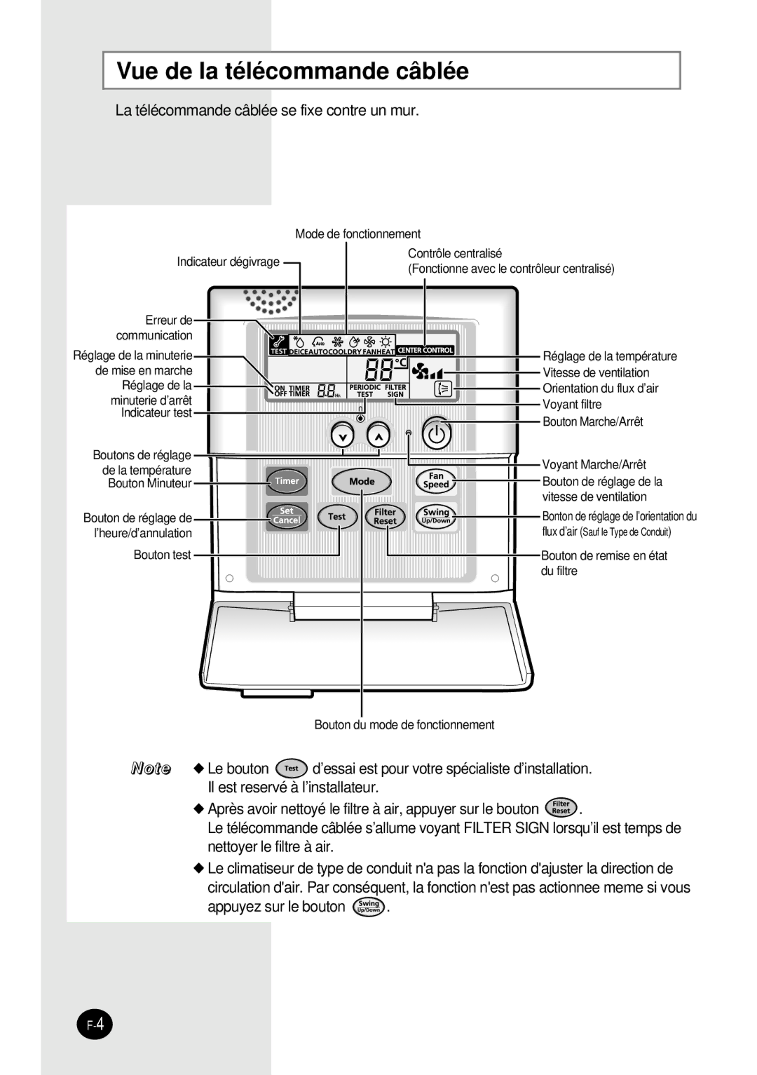 Samsung SH12BWH manual Vue de la télécommande câblée, La télécommande câblée se fixe contre un mur 