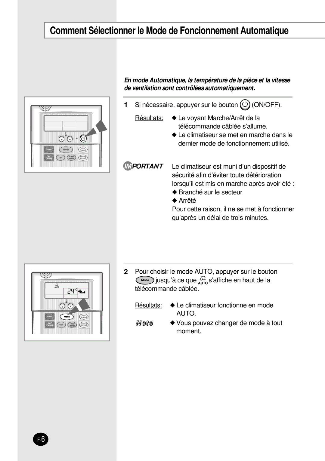 Samsung SH12BWH manual Comment Sélectionner le Mode de Foncionnement Automatique 