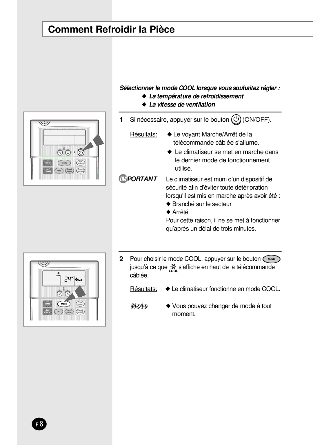 Samsung SH12BWH manual Comment Refroidir la Pièce 