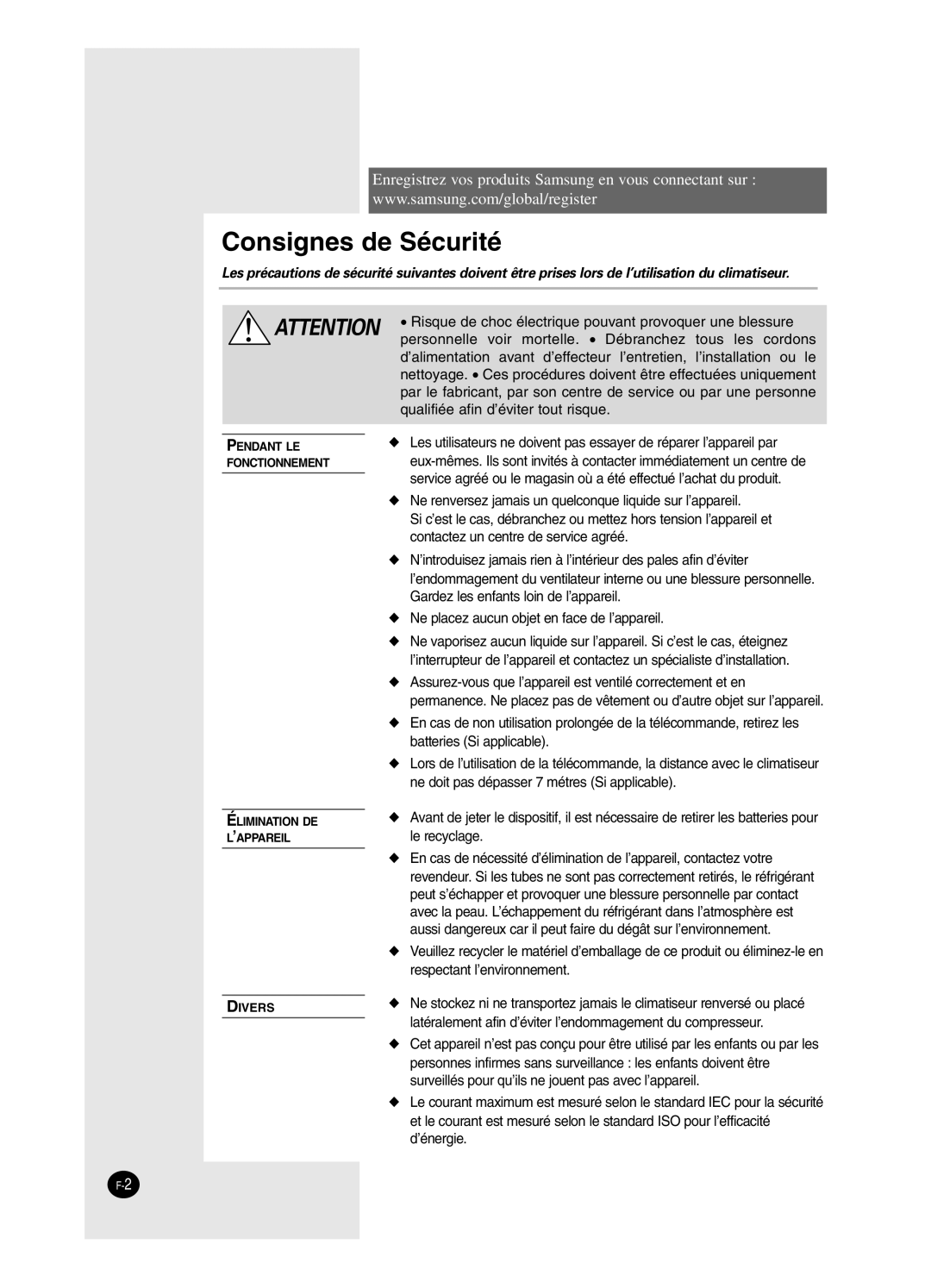 Samsung SH12BWH manual Consignes de Sécurité 