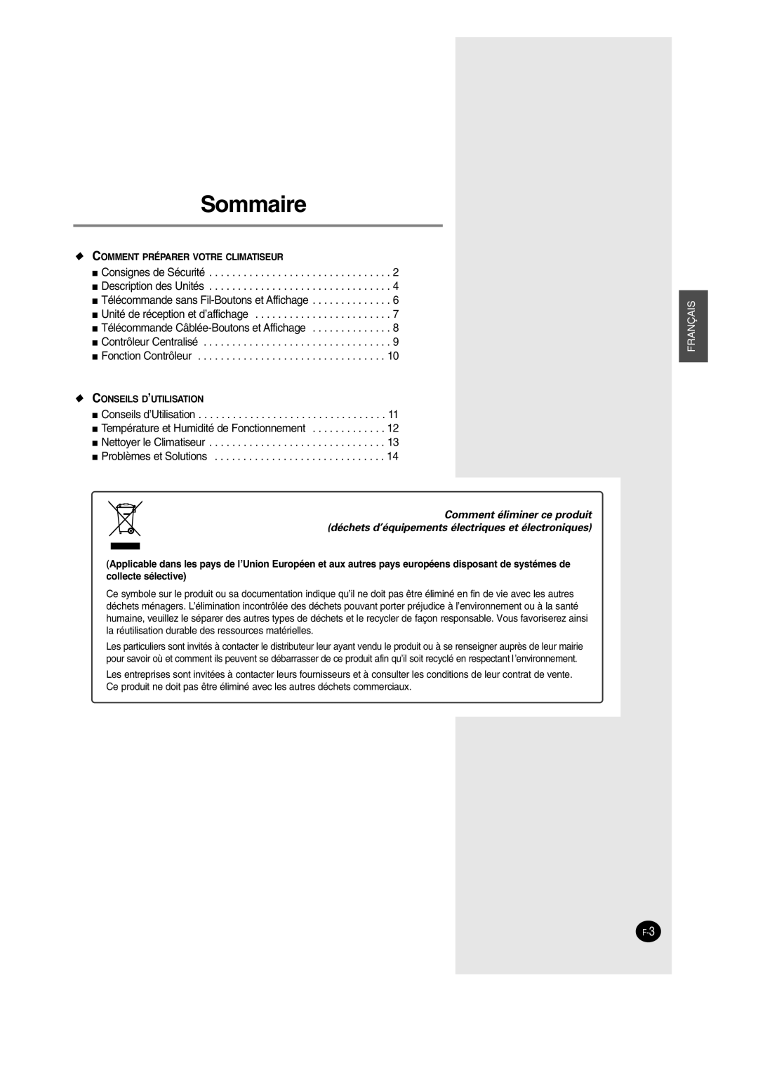 Samsung SH12BWH manual Sommaire 