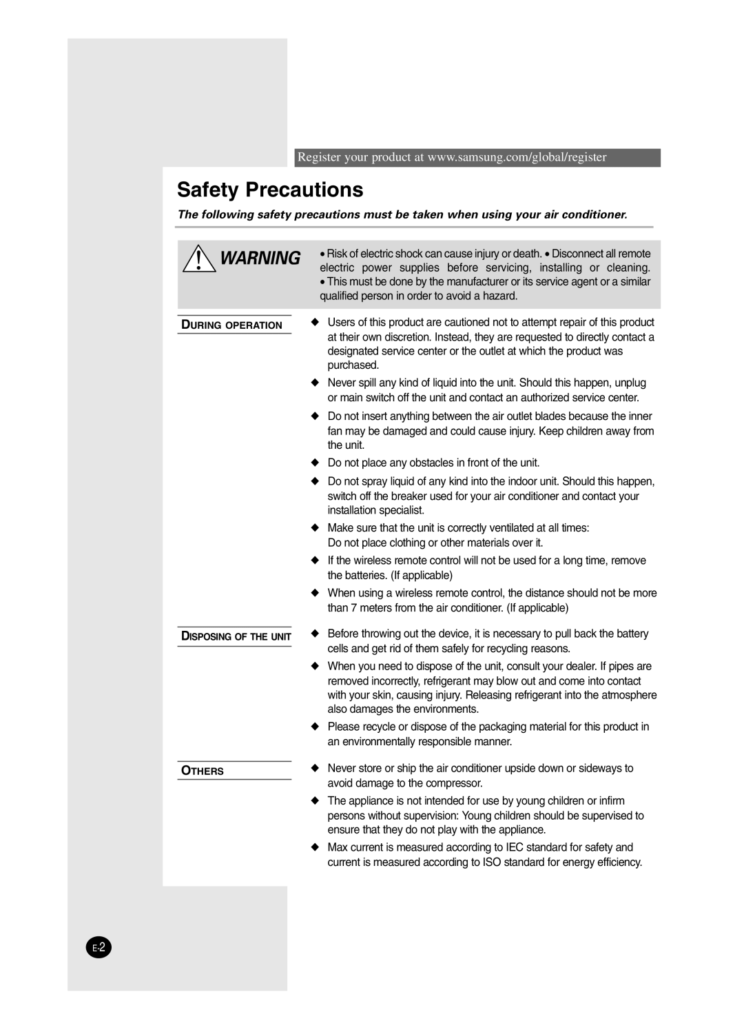 Samsung SH12BWH manual Safety Precautions 