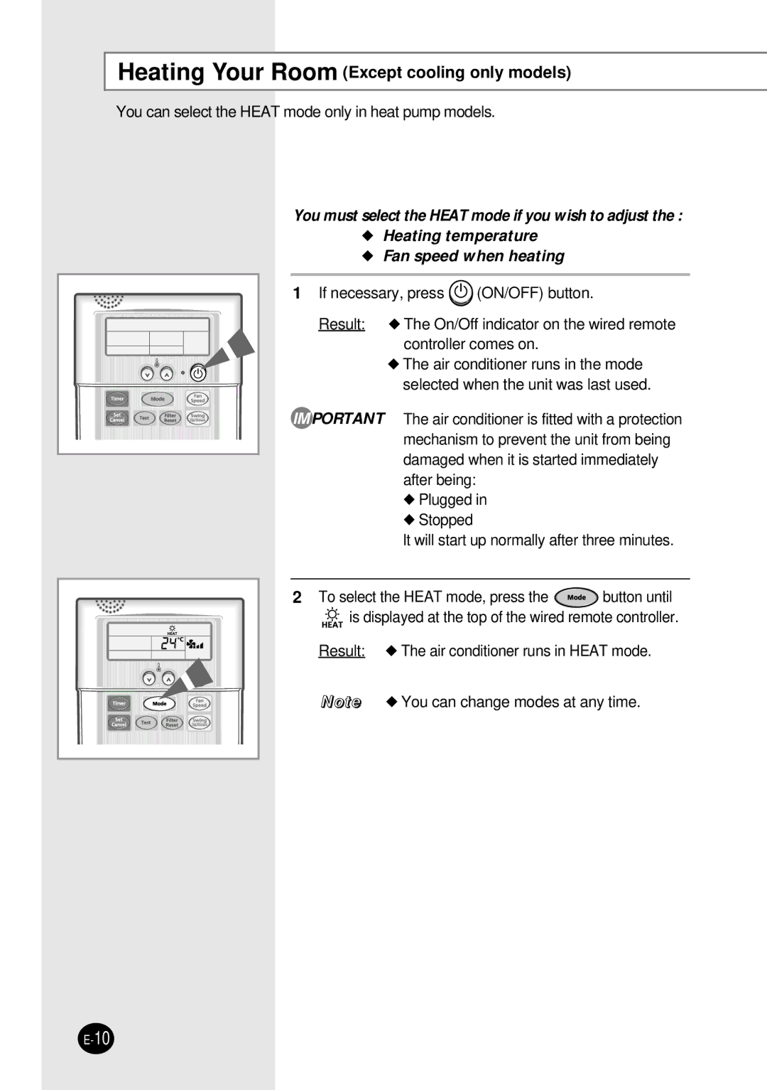 Samsung SH12BWH manual Heating Your Room Except cooling only models 