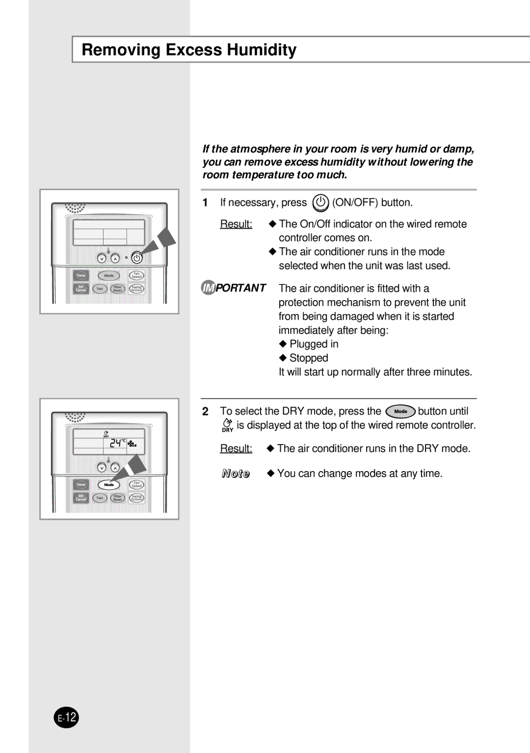 Samsung SH12BWH manual Removing Excess Humidity 