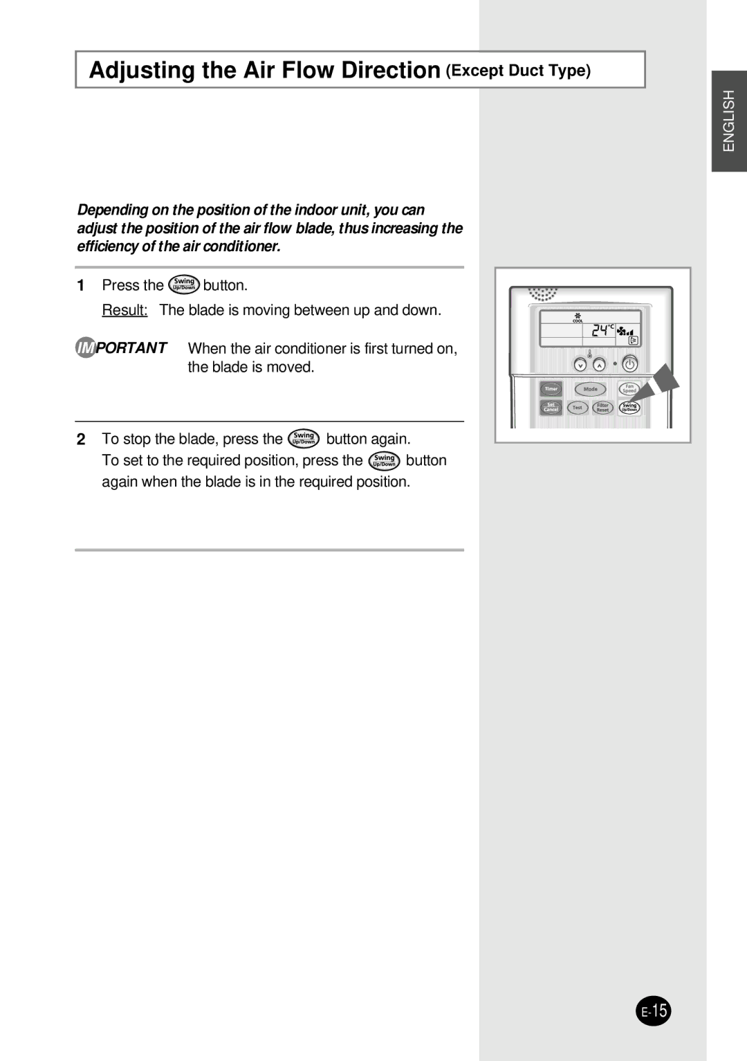 Samsung SH12BWH manual Adjusting the Air Flow Direction Except Duct Type 