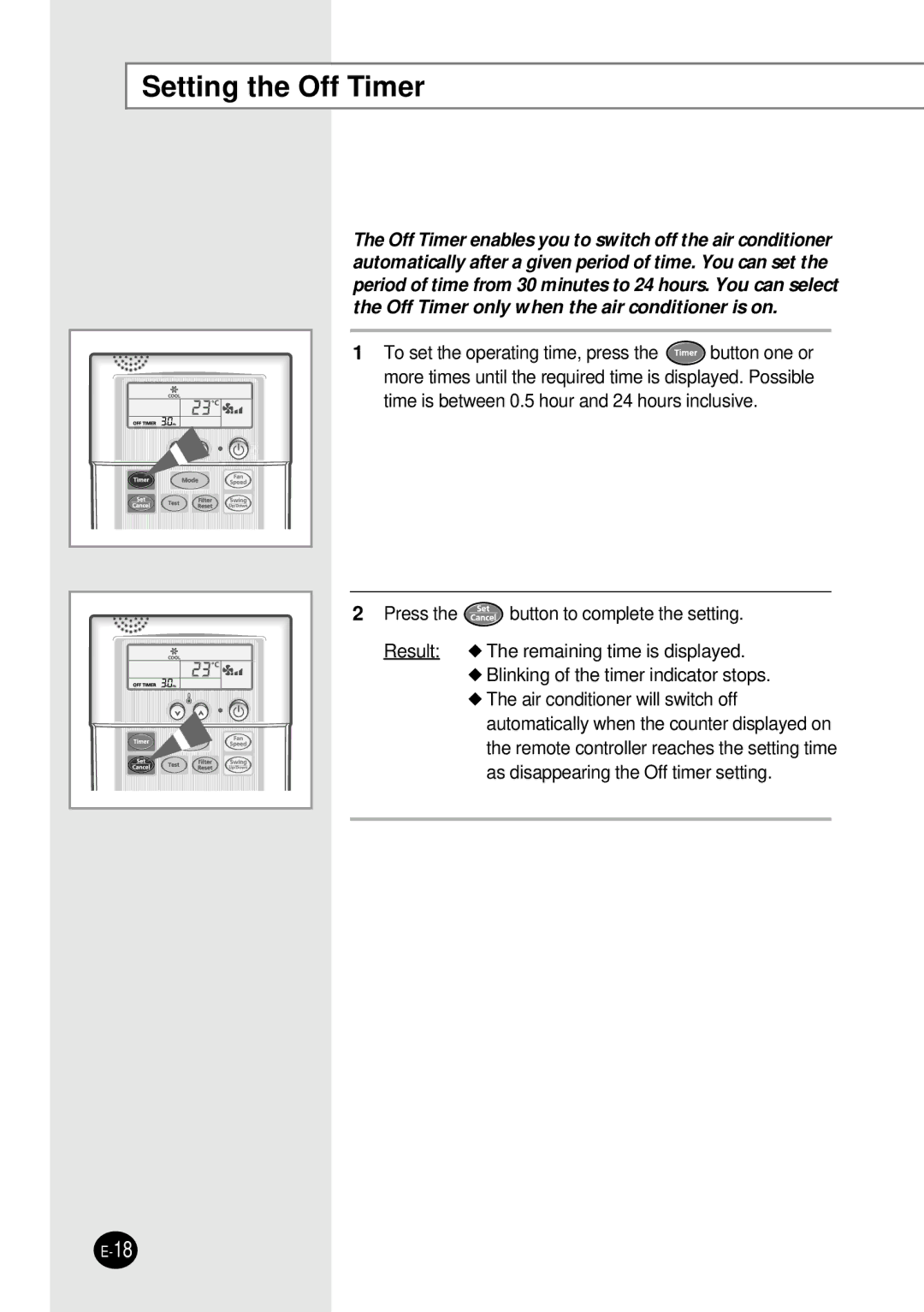 Samsung SH12BWH manual Setting the Off Timer 