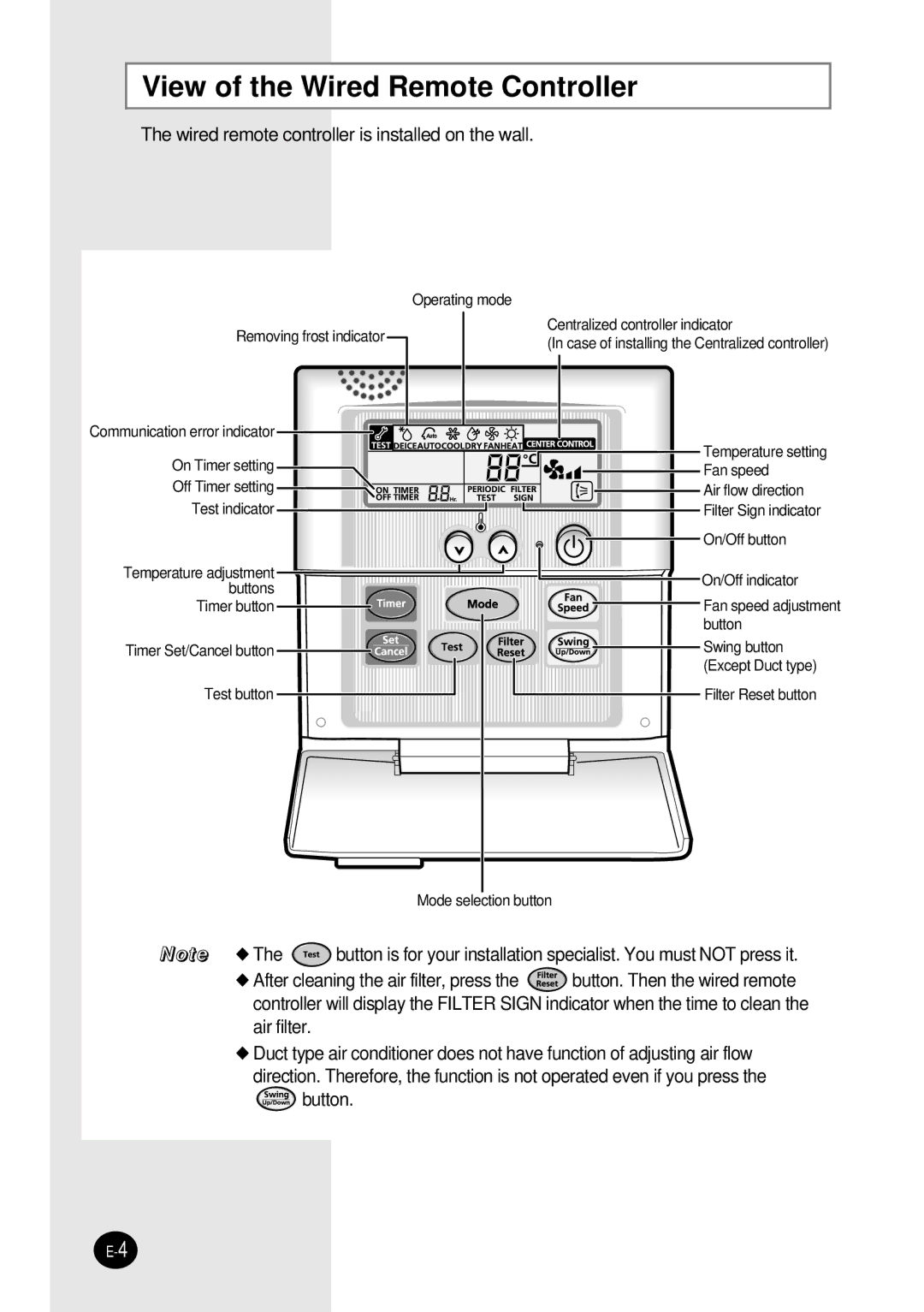 Samsung SH12BWH manual View of the Wired Remote Controller, Wired remote controller is installed on the wall 