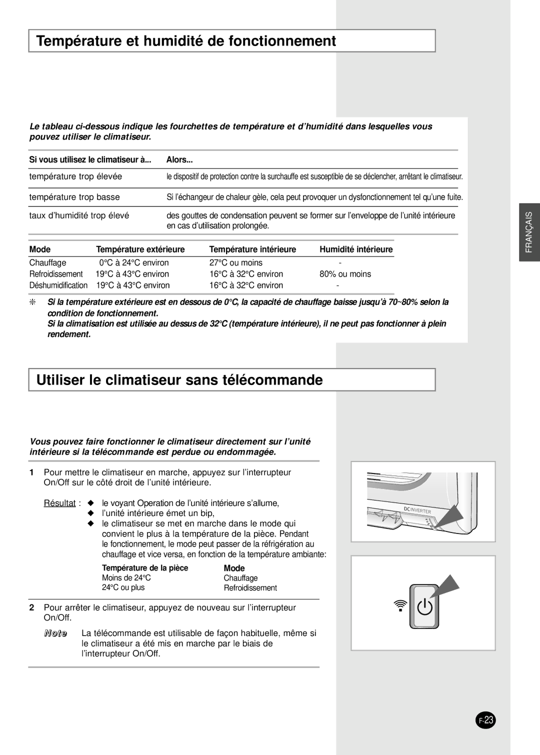 Samsung SH12BWH manual Température et humidité de fonctionnement, Utiliser le climatiseur sans télécommande 