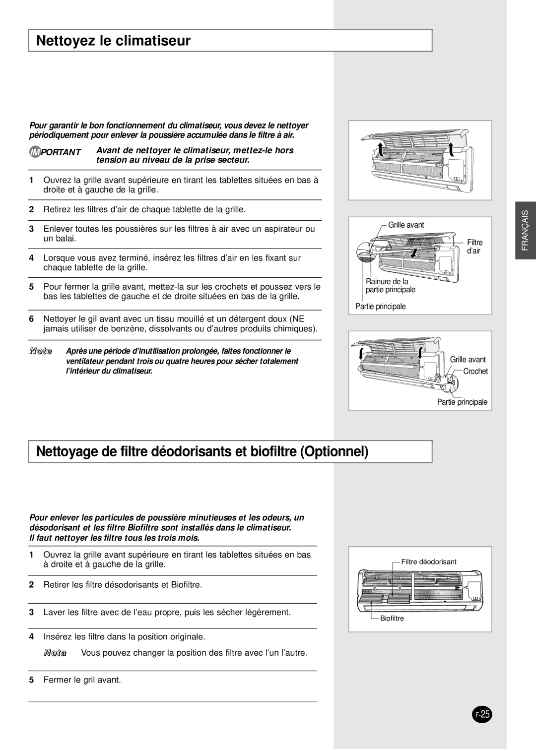 Samsung SH12BWH manual Nettoyez le climatiseur, Nettoyage de filtre déodorisants et biofiltre Optionnel 