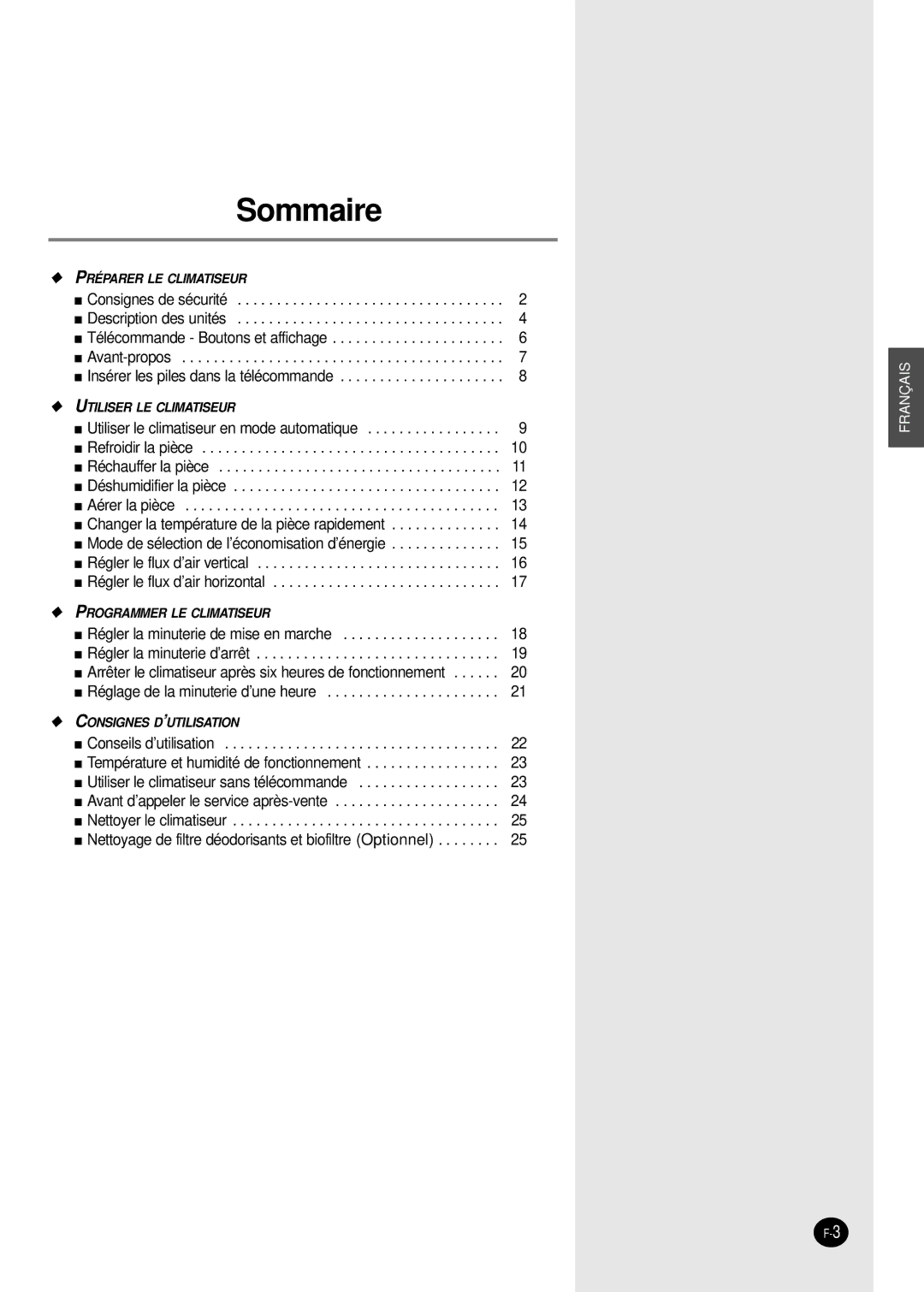 Samsung SH12BWH manual Sommaire 