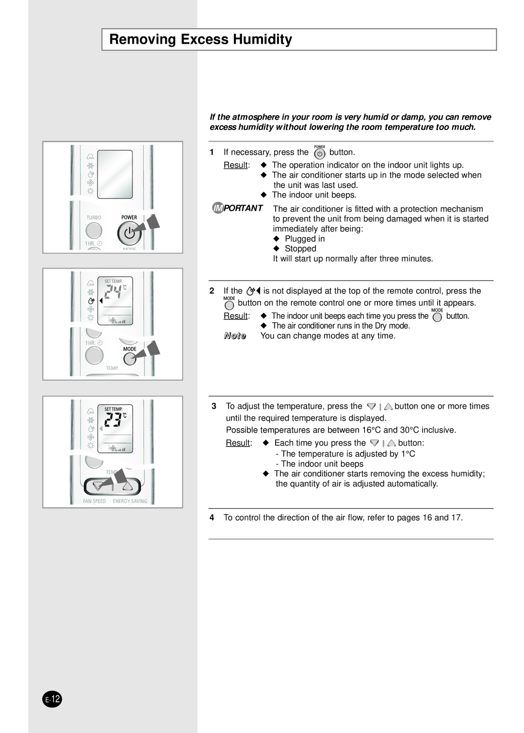 Samsung SH12BWH manual Removing Excess Humidity 