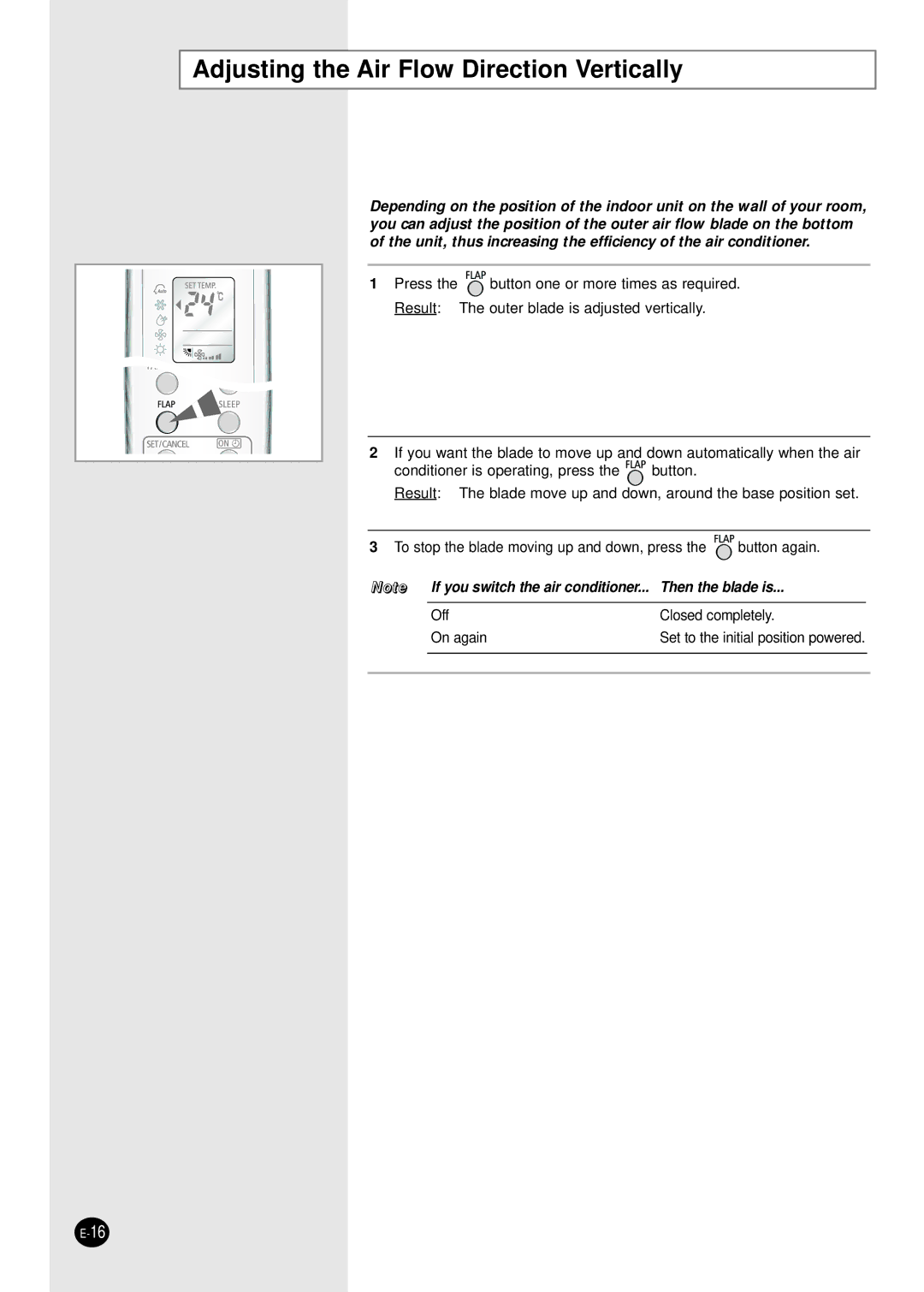 Samsung SH12BWH manual Adjusting the Air Flow Direction Vertically 