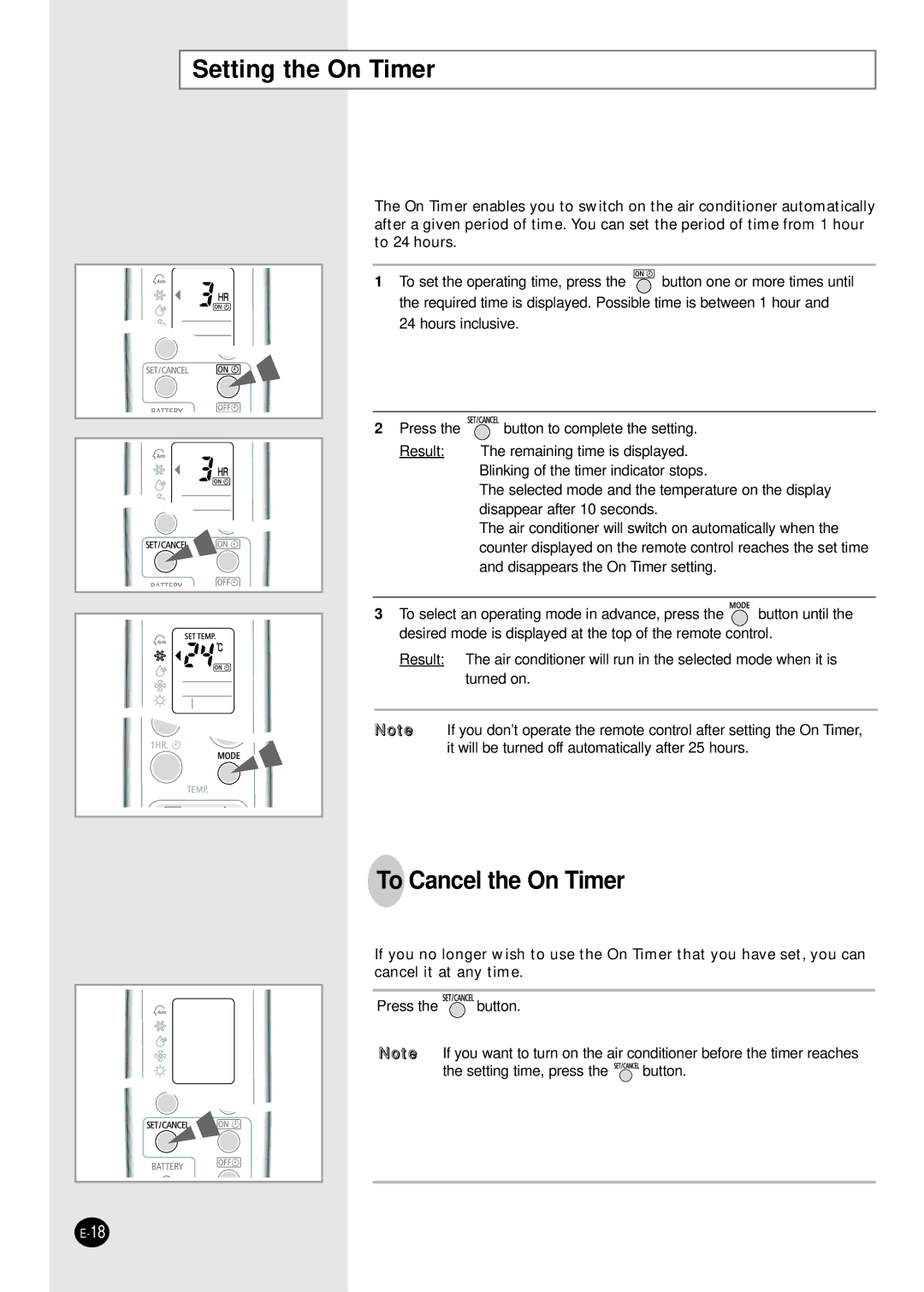 Samsung SH12BWH manual Setting the On Timer, To Cancel the On Timer 