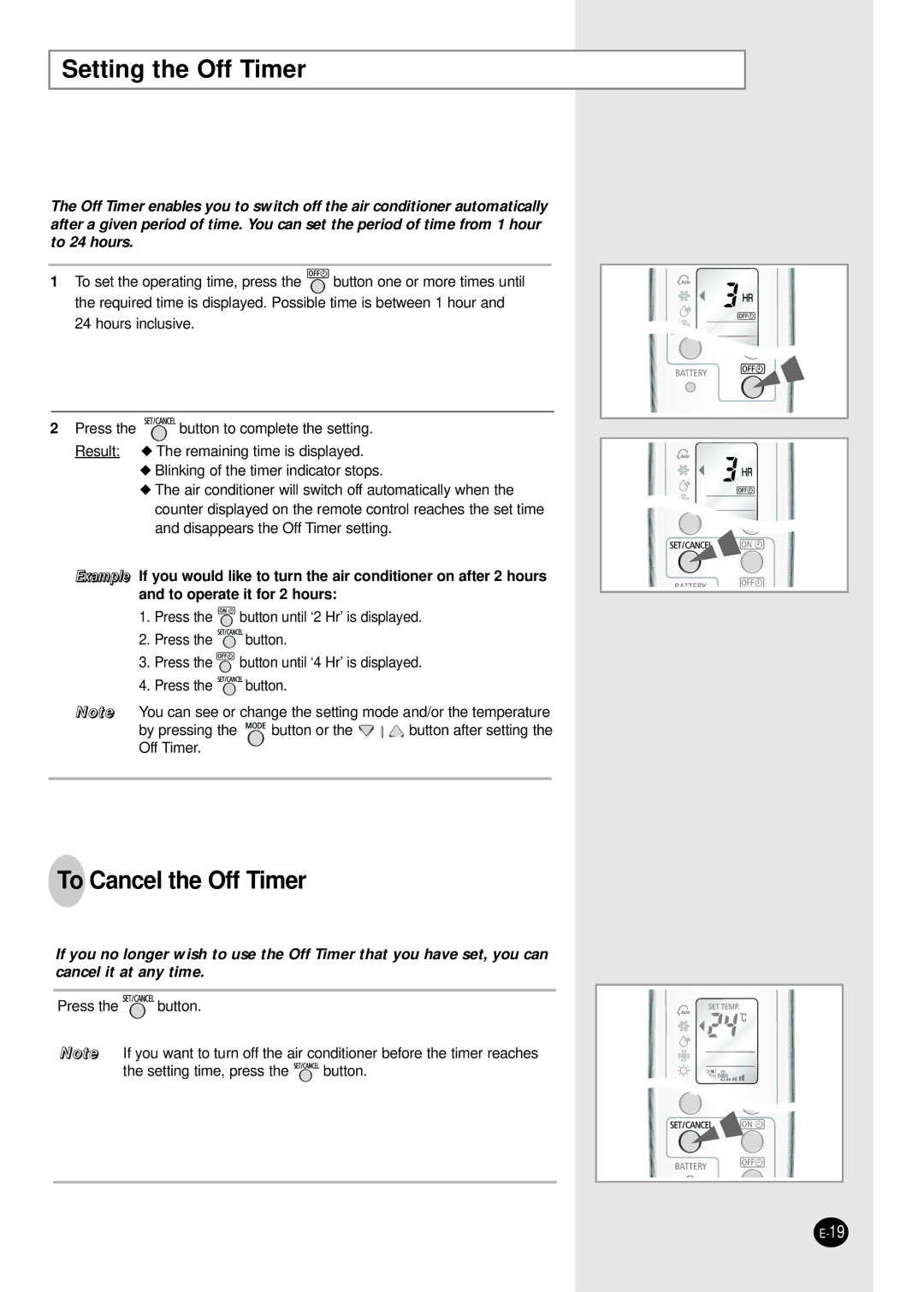 Samsung SH12BWH manual Setting the Off Timer, To Cancel the Off Timer 