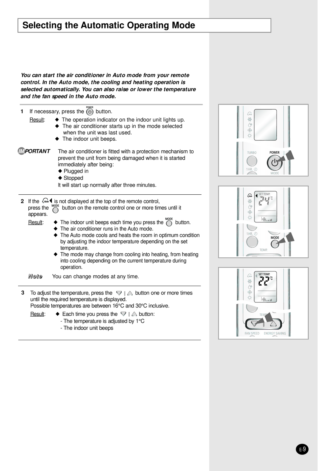 Samsung SH12BWH manual Selecting the Automatic Operating Mode 