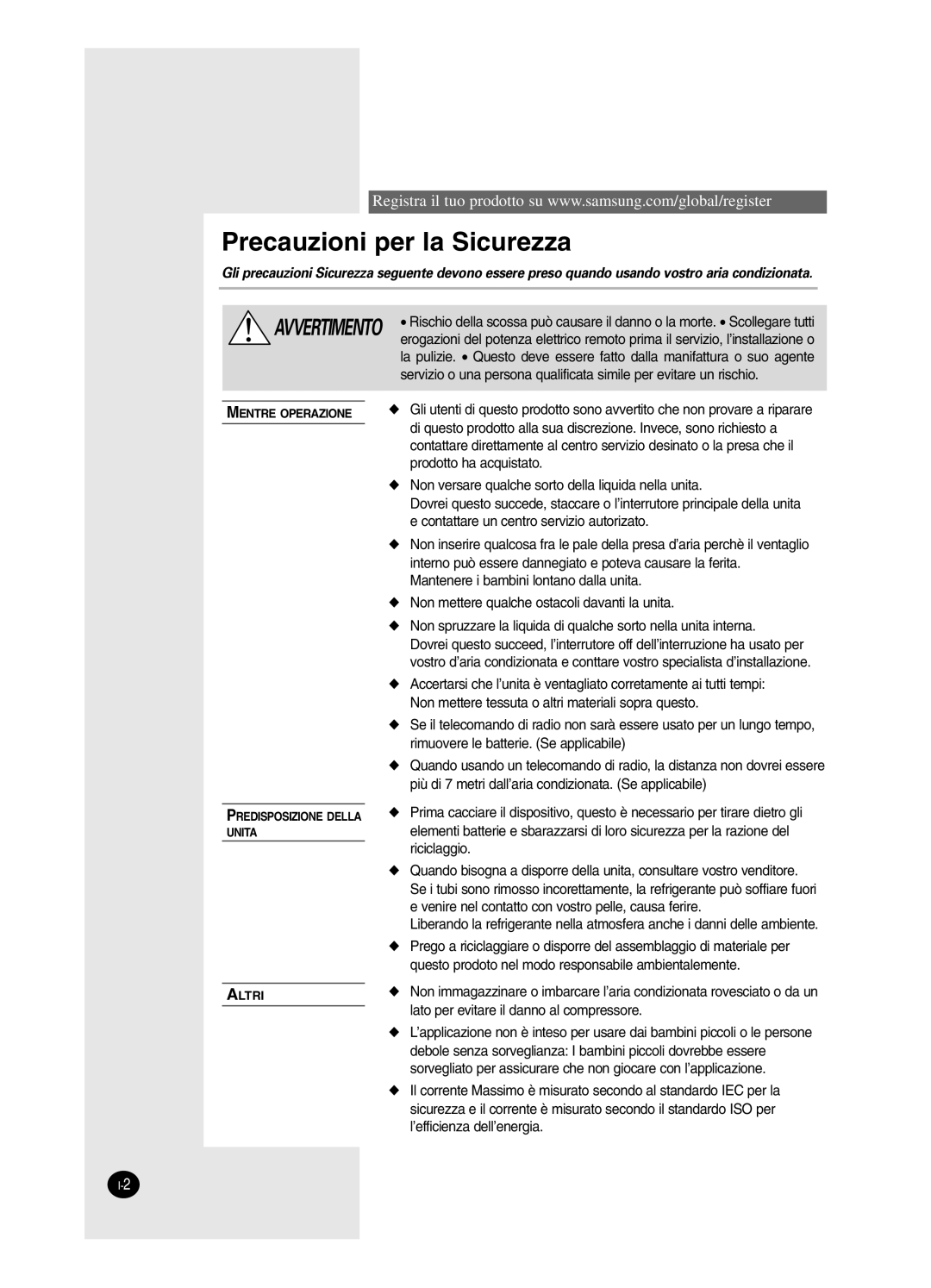 Samsung SH12BWH manual Precauzioni per la Sicurezza 