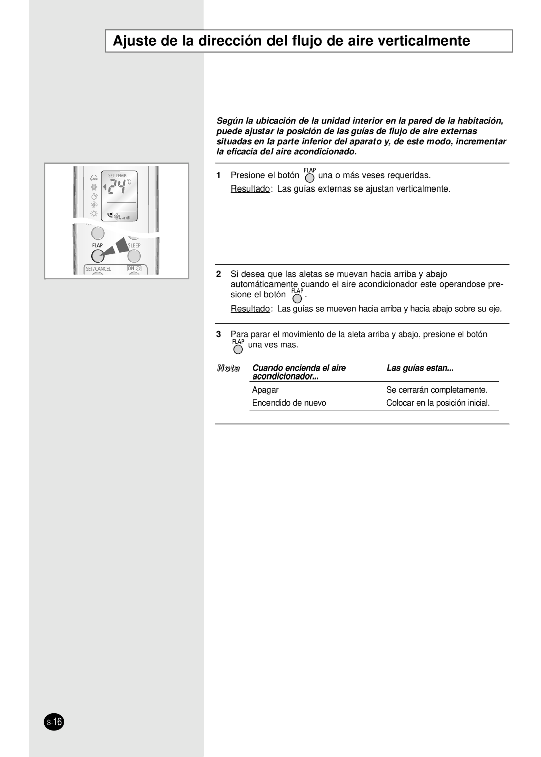 Samsung SH12BWH manual Ajuste de la dirección del flujo de aire verticalmente 