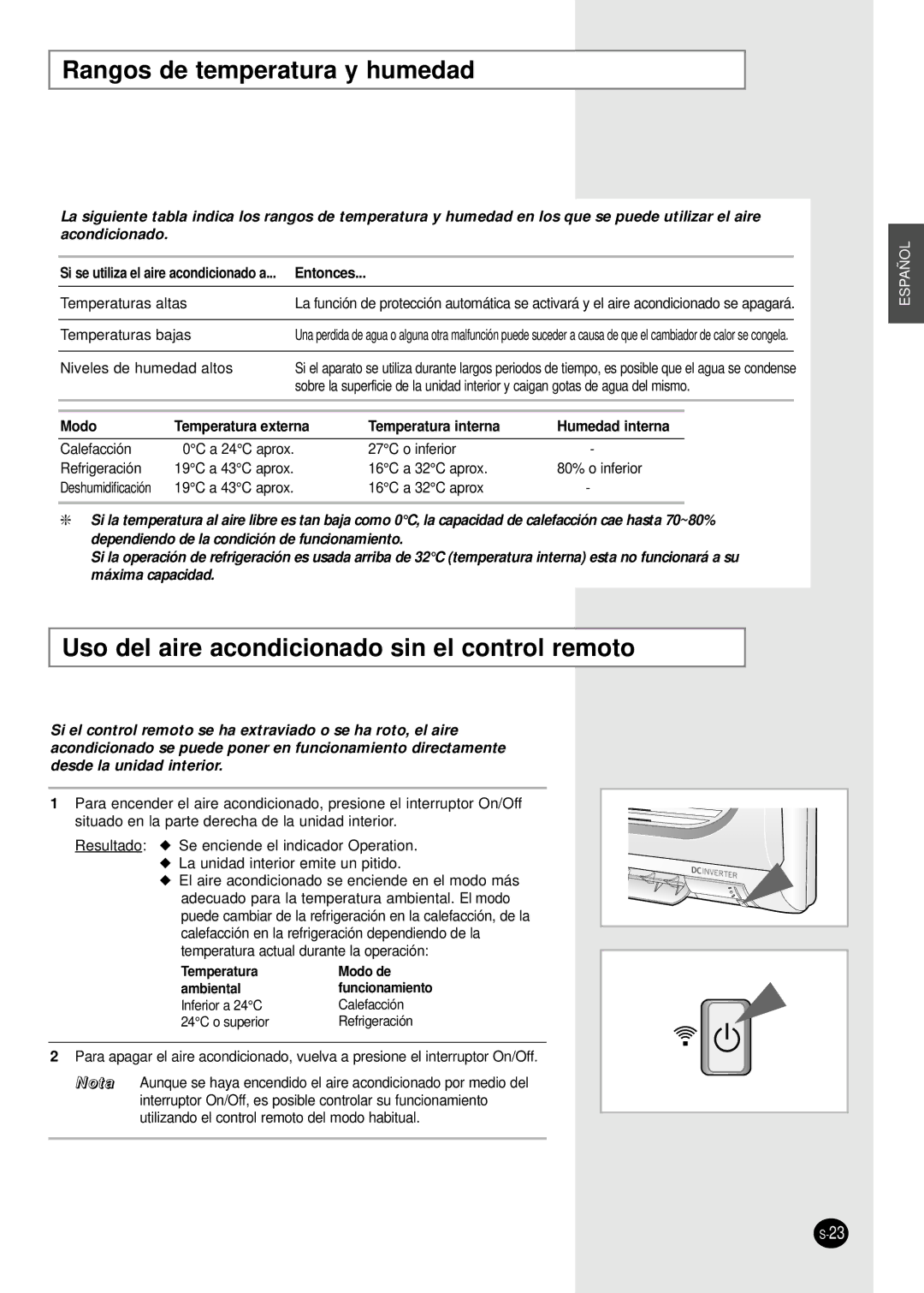 Samsung SH12BWH manual Rangos de temperatura y humedad, Uso del aire acondicionado sin el control remoto 