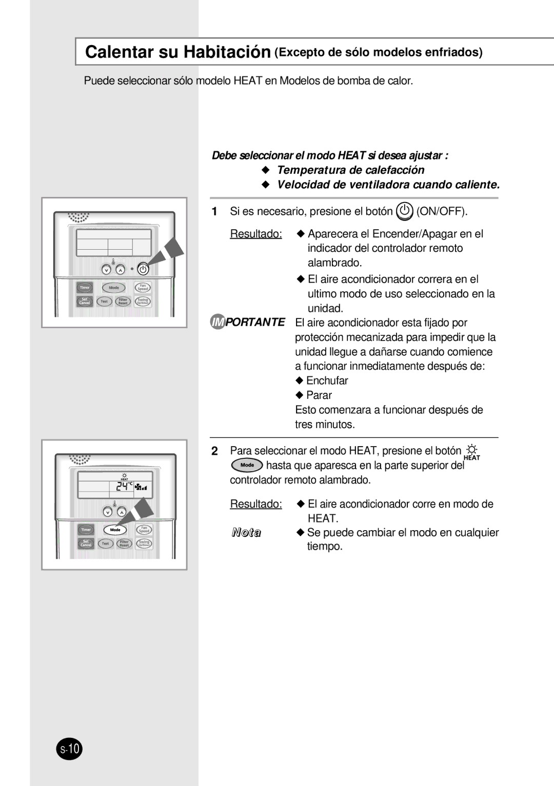 Samsung SH12BWH manual Calentar su Habitación Excepto de sólo modelos enfriados 