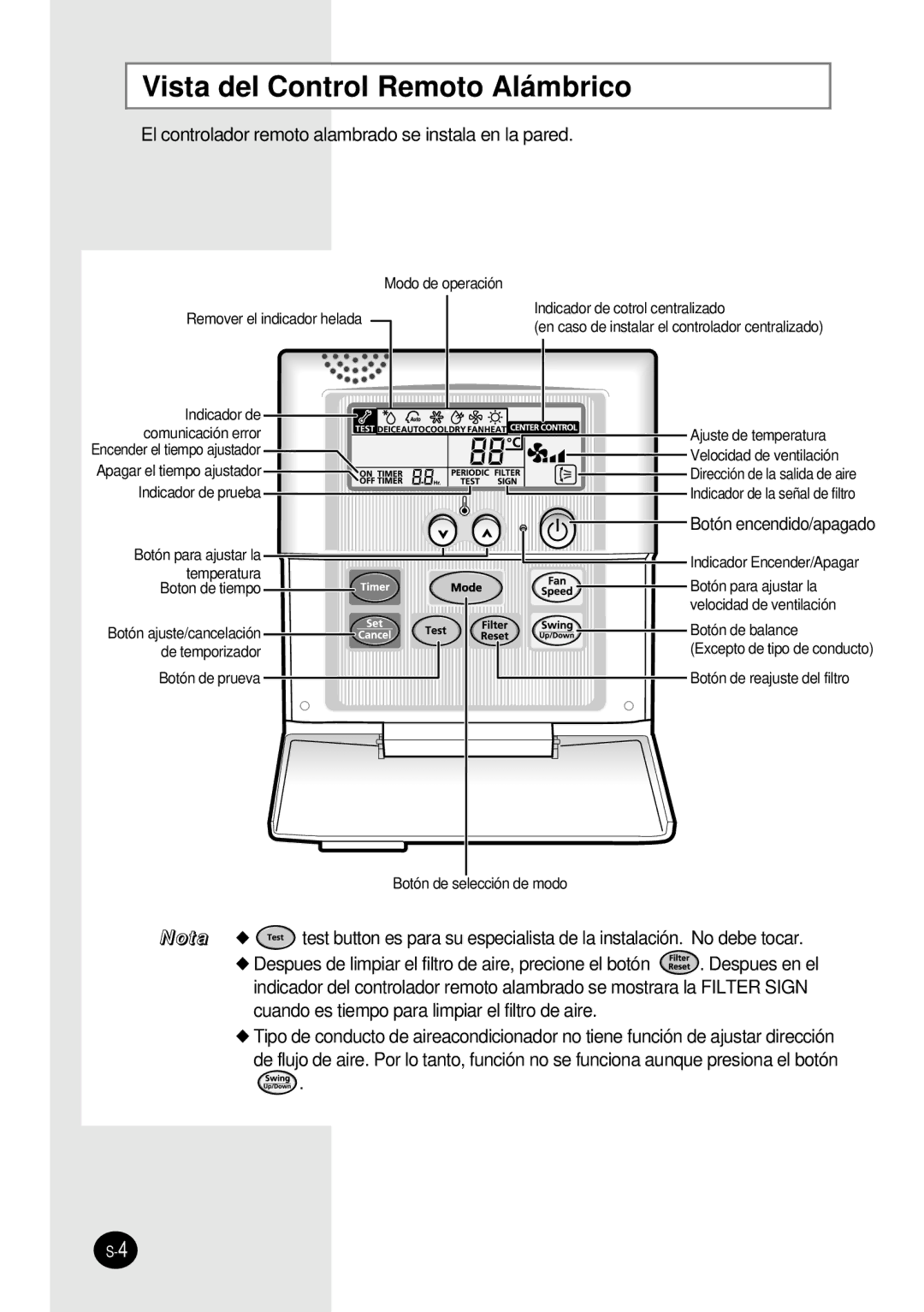 Samsung SH12BWH manual Vista del Control Remoto Alámbrico, El controlador remoto alambrado se instala en la pared 