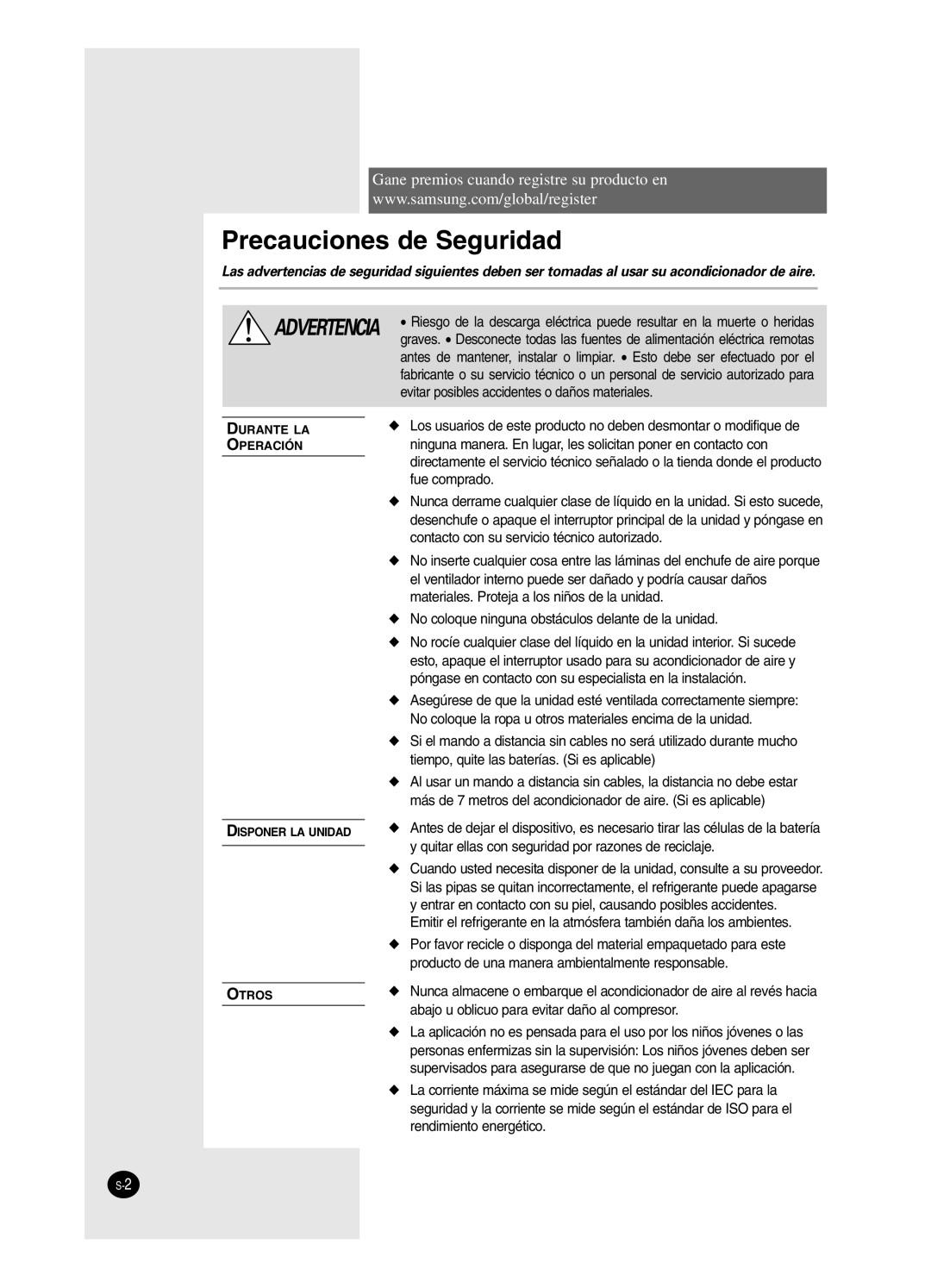 Samsung SH12BWH manual Precauciones de Seguridad 