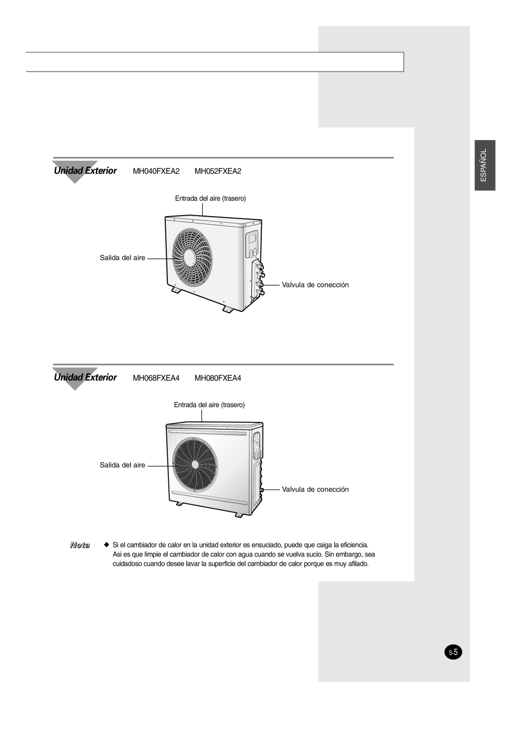 Samsung SH12BWH manual Unidad Exterior 