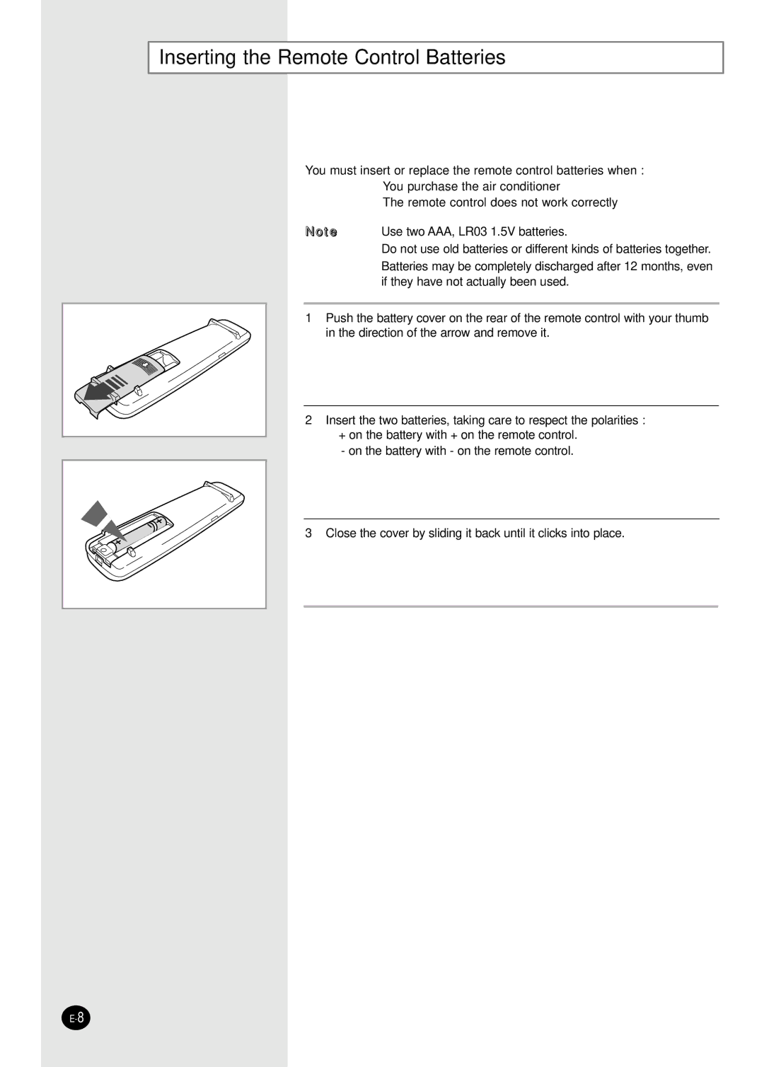 Samsung SH12BWHAX, SH09BWHAX manual Inserting the Remote Control Batteries 