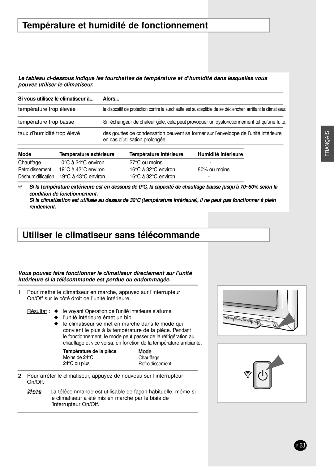 Samsung SH09BWHA, SH12BWHAX manual Température et humidité de fonctionnement, Utiliser le climatiseur sans télécommande 