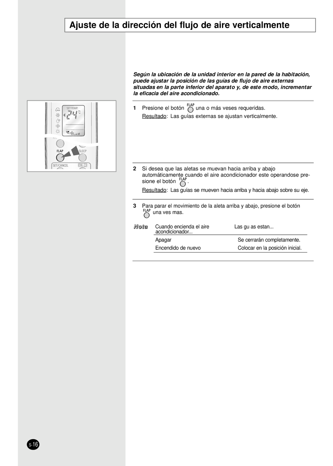 Samsung SH12BWHAX, SH09BWHAX manual Ajuste de la dirección del flujo de aire verticalmente 