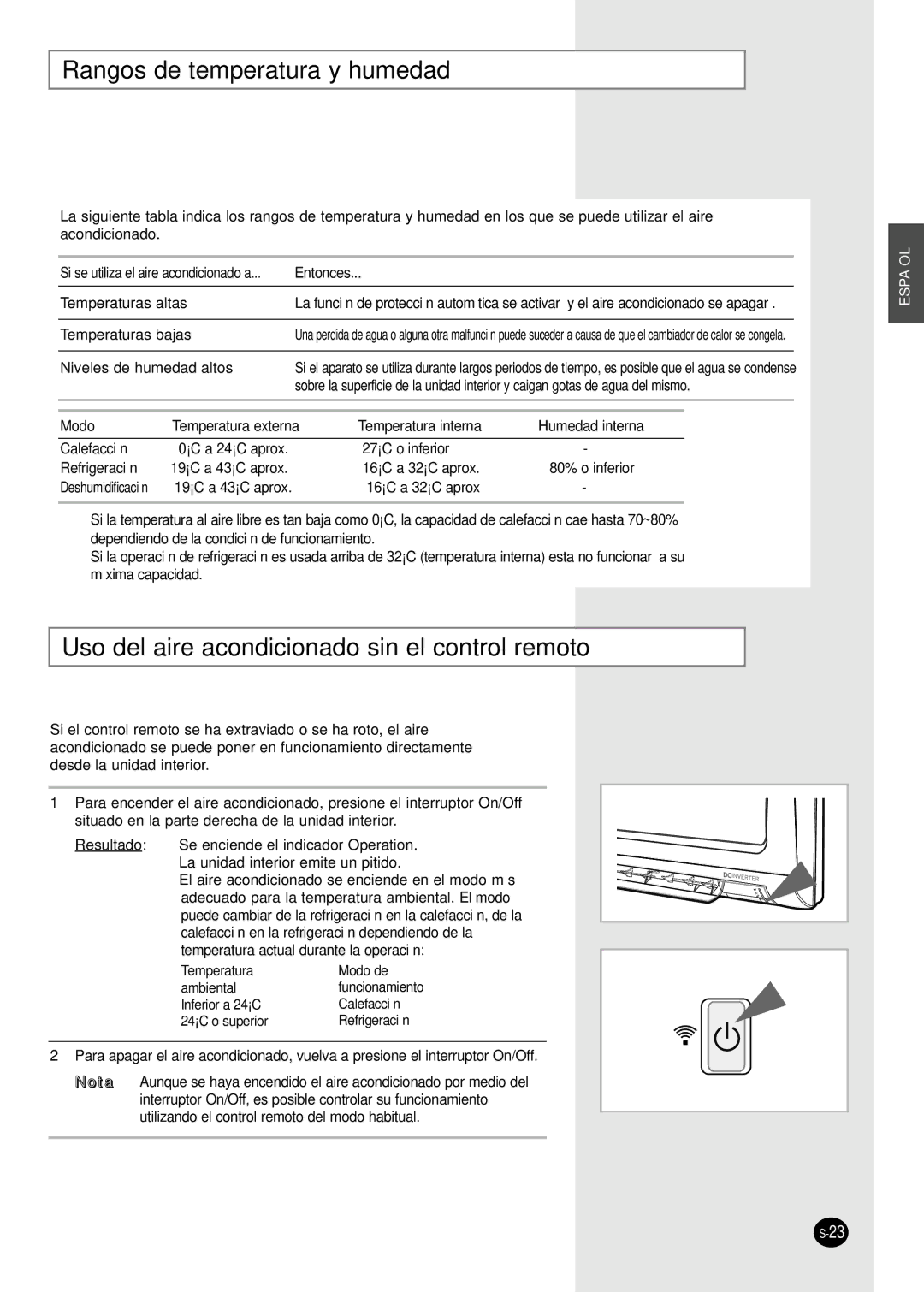 Samsung SH12BWHAX, SH09BWHAX manual Rangos de temperatura y humedad, Uso del aire acondicionado sin el control remoto 