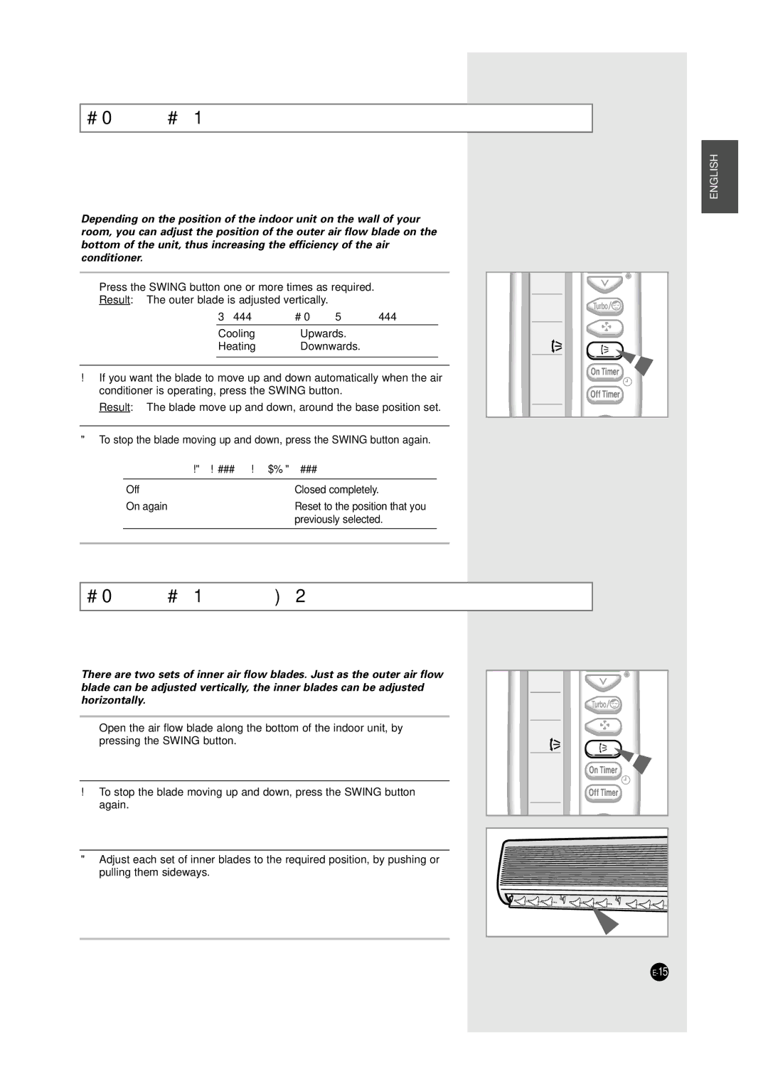 Samsung SH12UA1 manual Adjusting the Air Flow Direction Vertically, Adjusting the Air Flow Direction Horizontally 