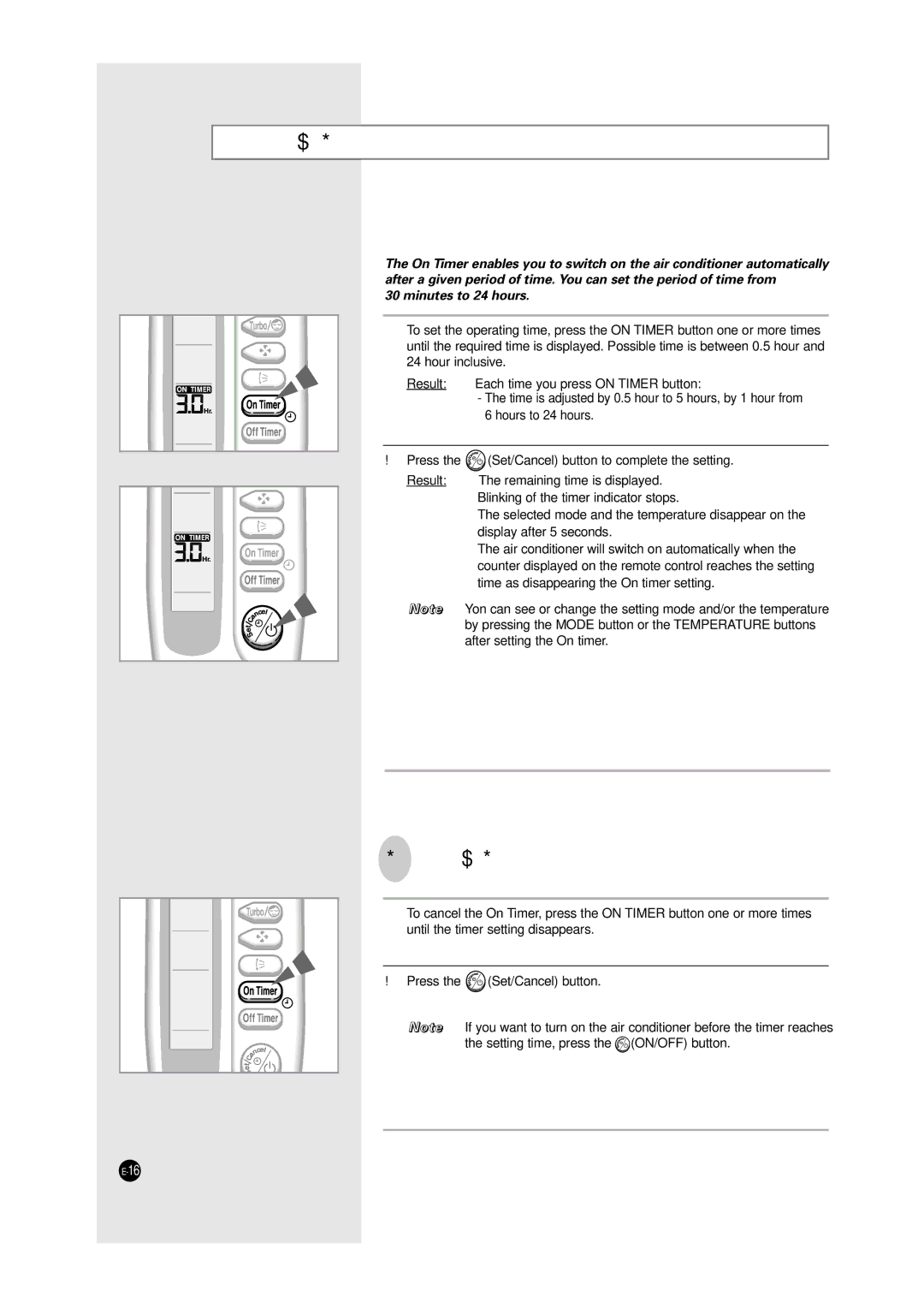 Samsung SH12UA1 manual Setting the On Timer, To Cancel the On Timer, Et/Cancel button to complete the setting 