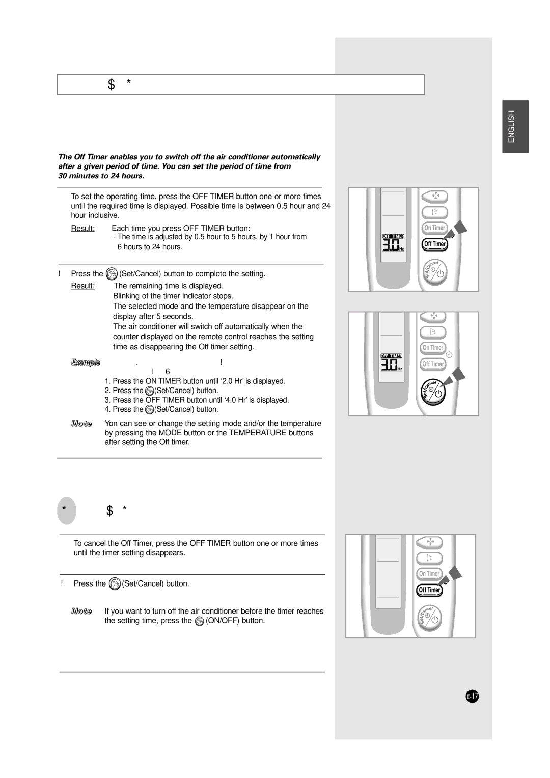 Samsung SH12UA1 manual Setting the Off Timer, To Cancel the Off Timer, Result Each time you press OFF Timer button, Press 