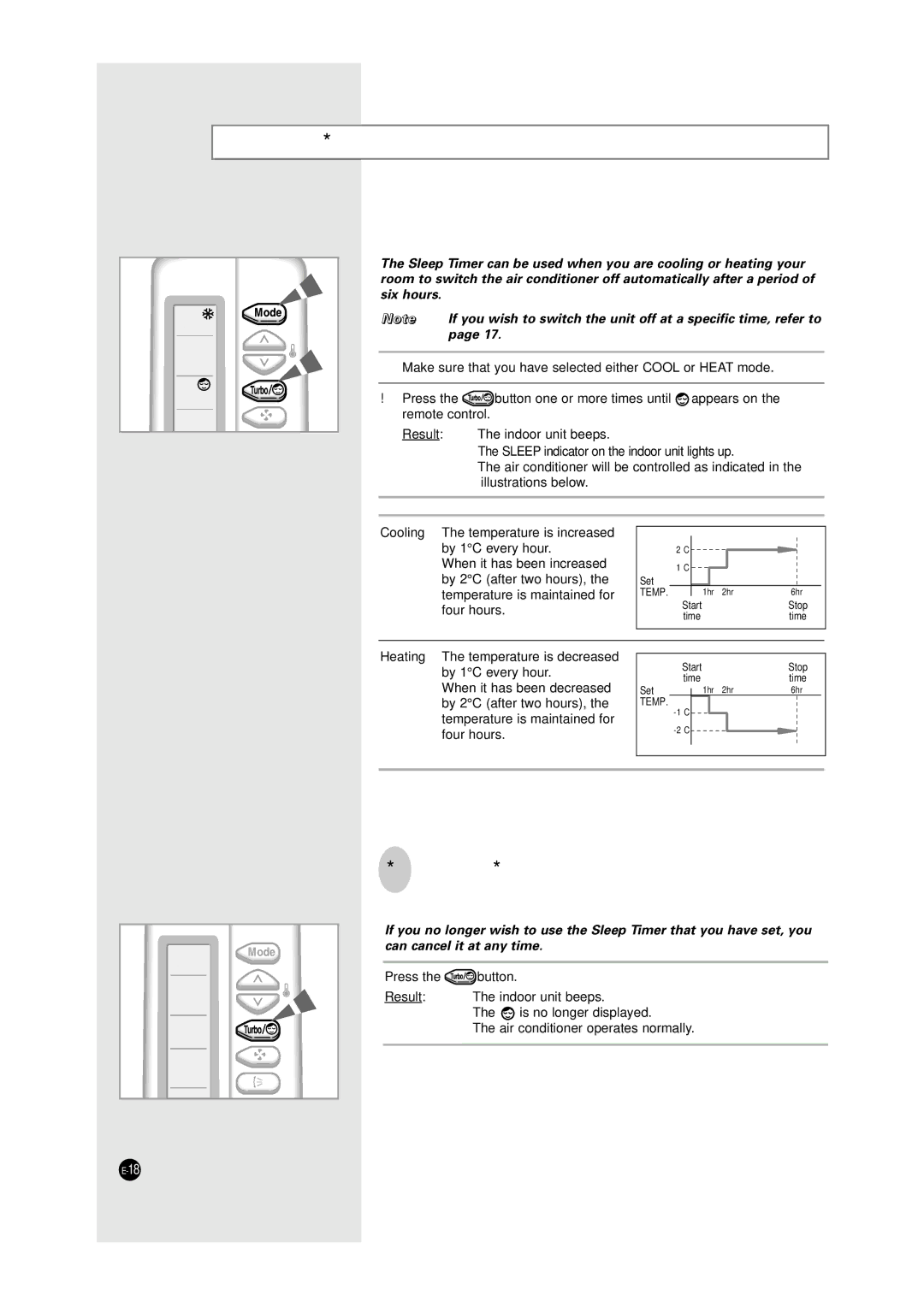 Samsung SH12UA1 manual Setting the Sleep Timer, To Cancel the Sleep Timer, By 1C every hour, Four hours 