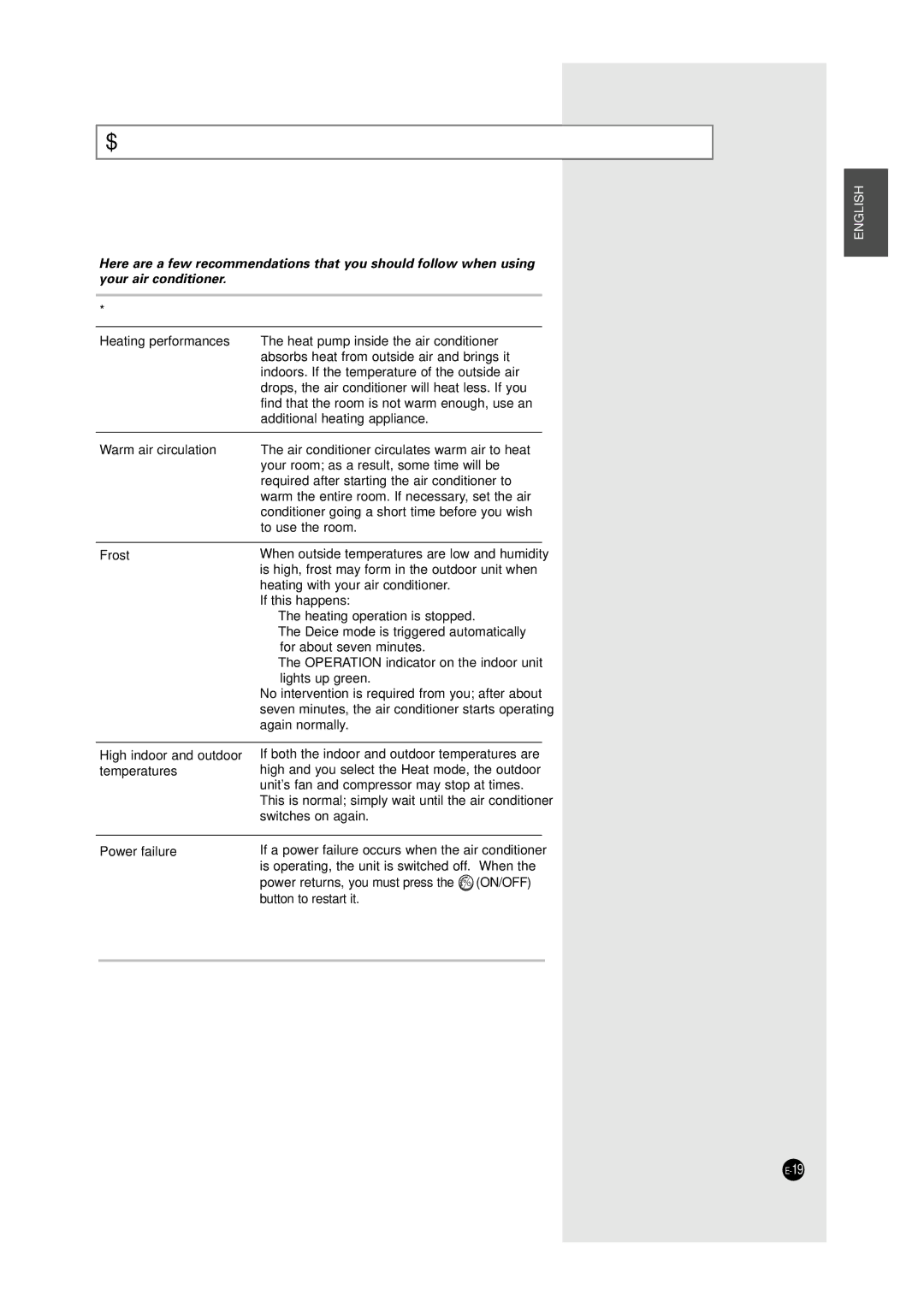 Samsung SH12UA1 manual Operating Recommendations, Topic Recommendation 