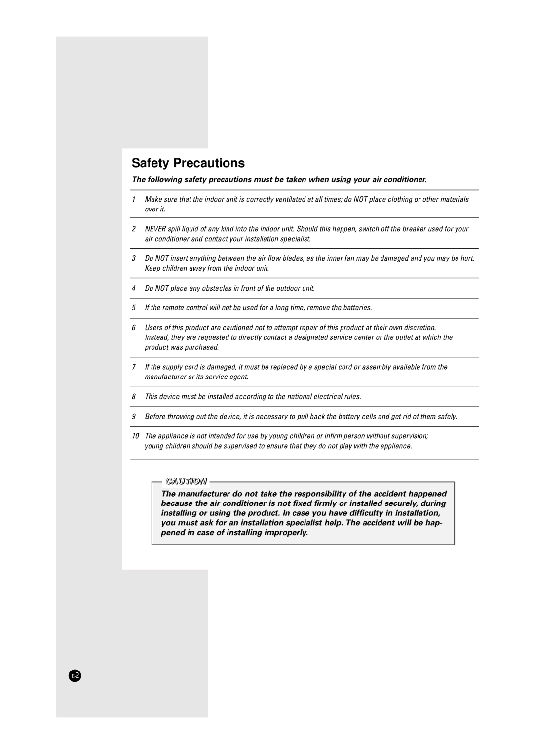 Samsung SH12UA1 manual Safety Precautions 